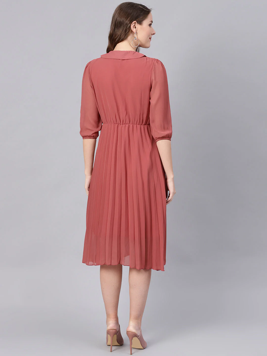 Women Rose Pink Peterpan Belted Pleated Midi Dress - Image 3