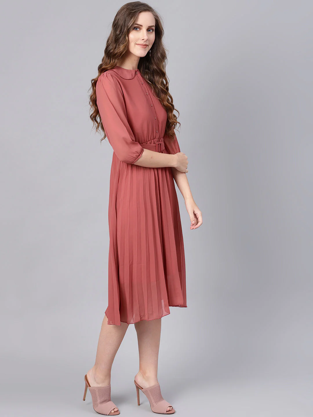Women Rose Pink Peterpan Belted Pleated Midi Dress - Image 4