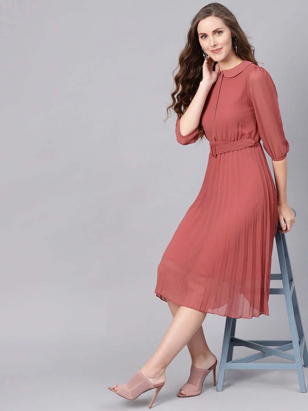 Women Rose Pink Peterpan Belted Pleated Midi Dress - Image 6