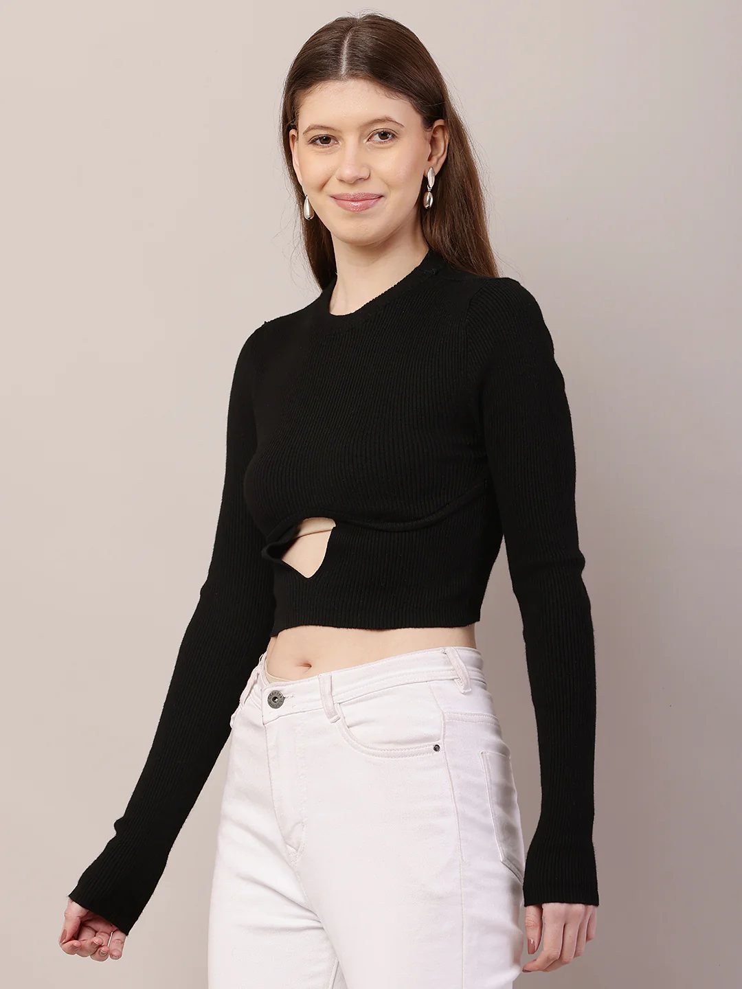 Women Round Neck Crop Black Sweater - Image 2