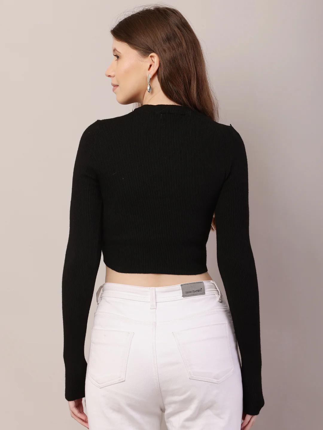 Women Round Neck Crop Black Sweater - Image 4