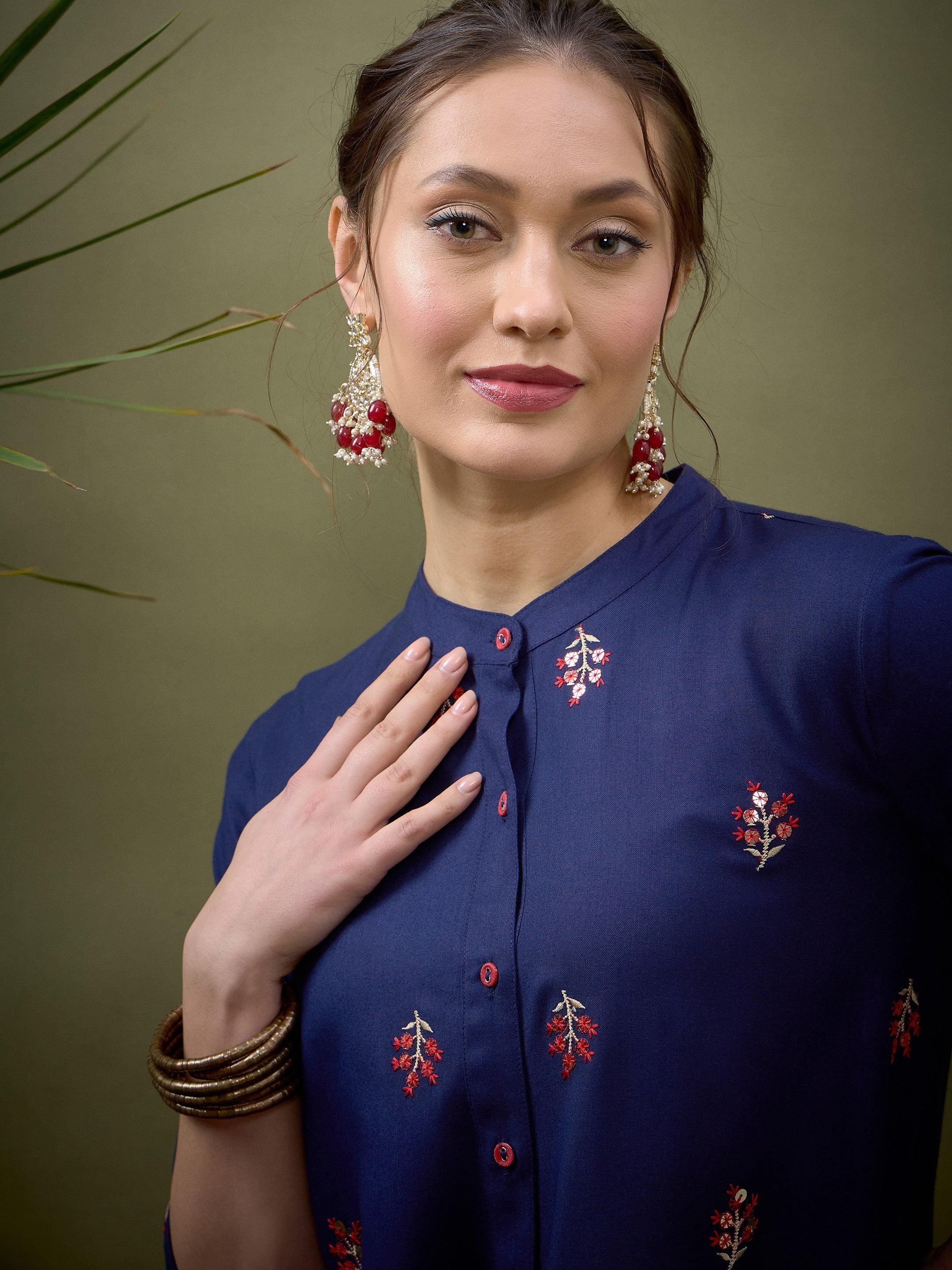 Women Royal Blue All Over Embroidered Shirt With Palazzos - Image 4