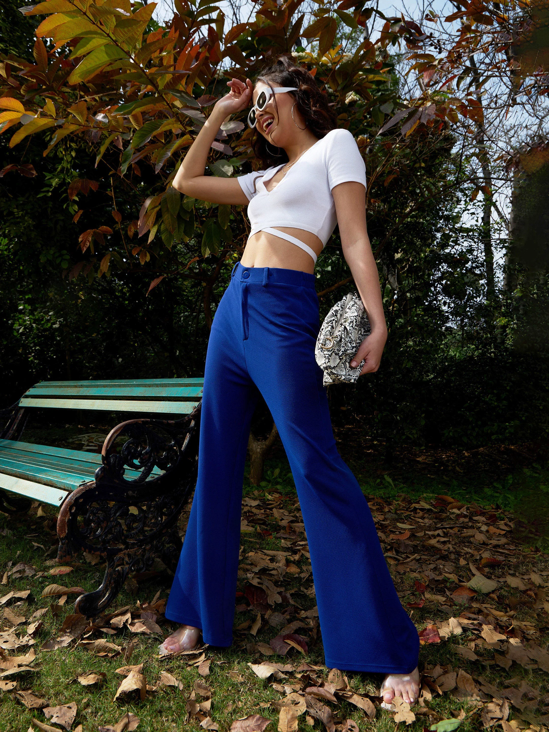 Women Royal Blue Bell Bottom Knitted Pants - Image 2