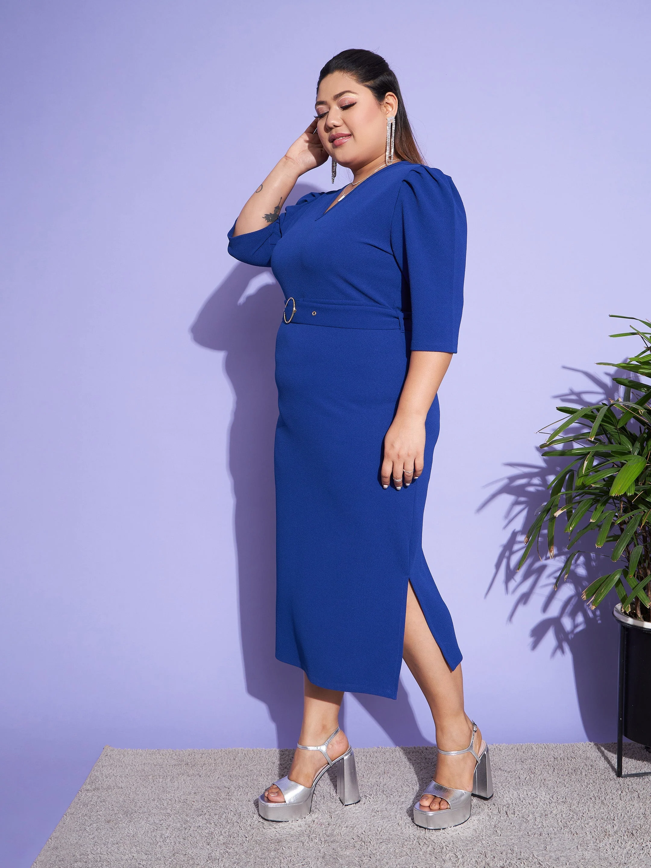 Women Royal Blue Belted Bodycon Dress - Image 3