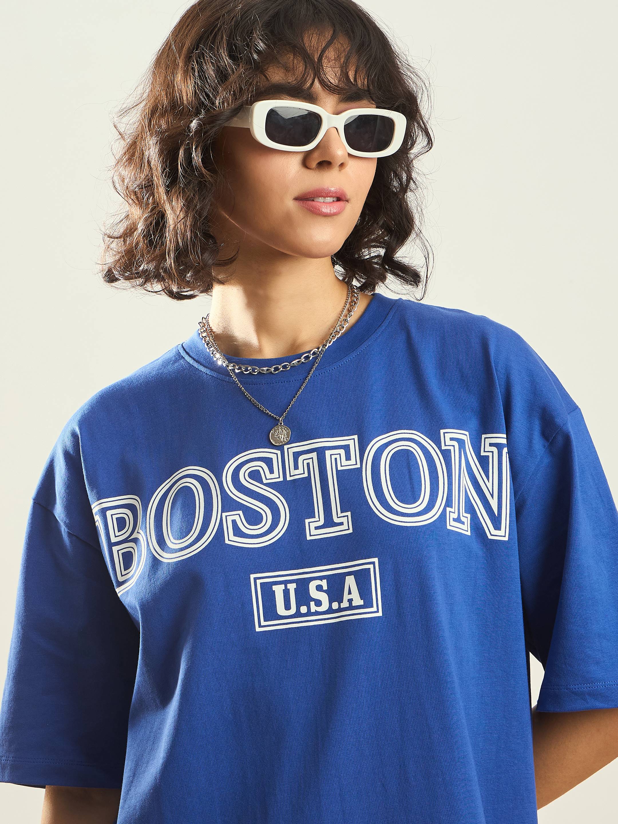 Women Royal Blue BOSTON Printed T-Shirt Dress - Image 3