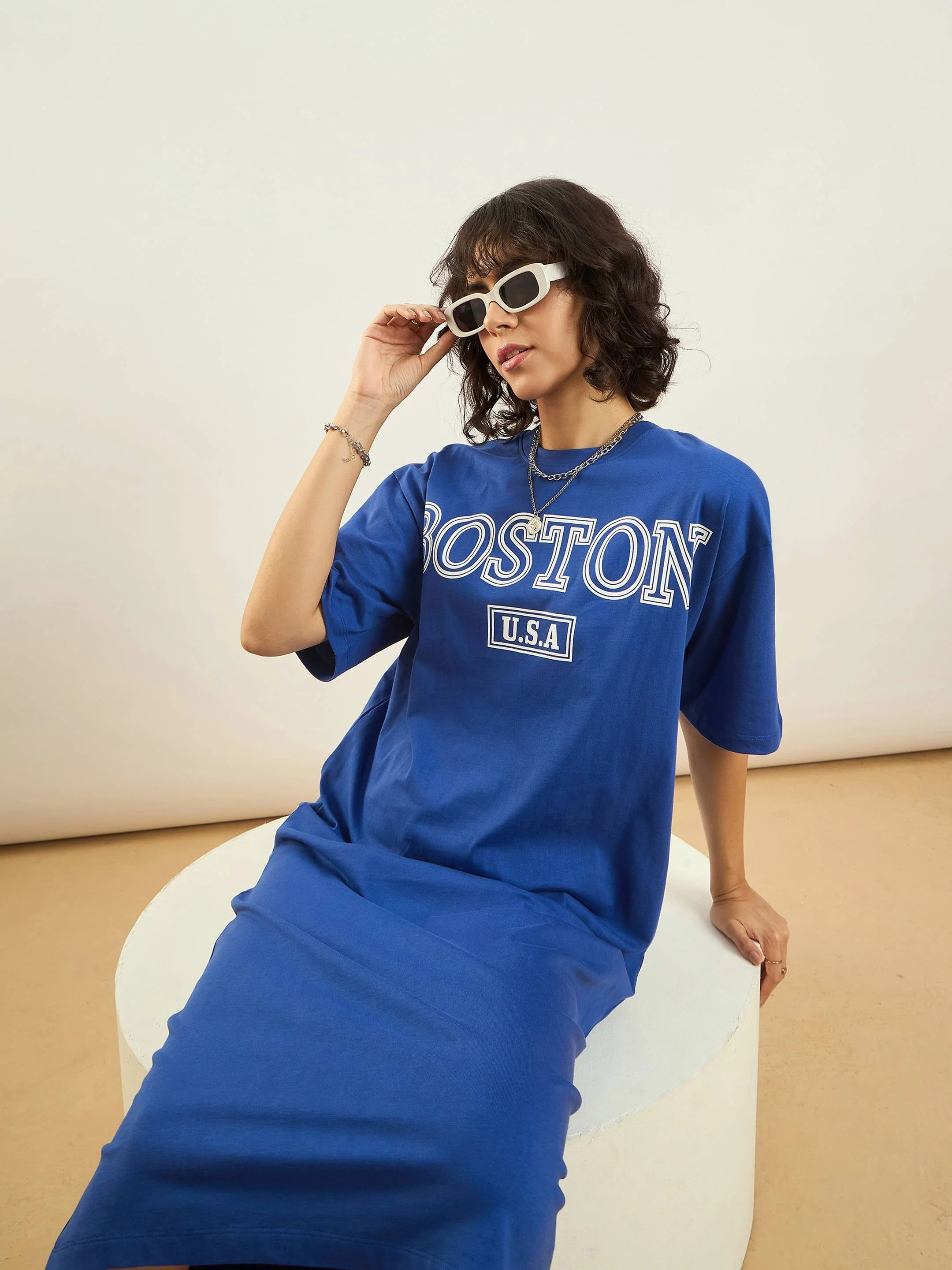 Women Royal Blue BOSTON Printed T-Shirt Dress - Image 4