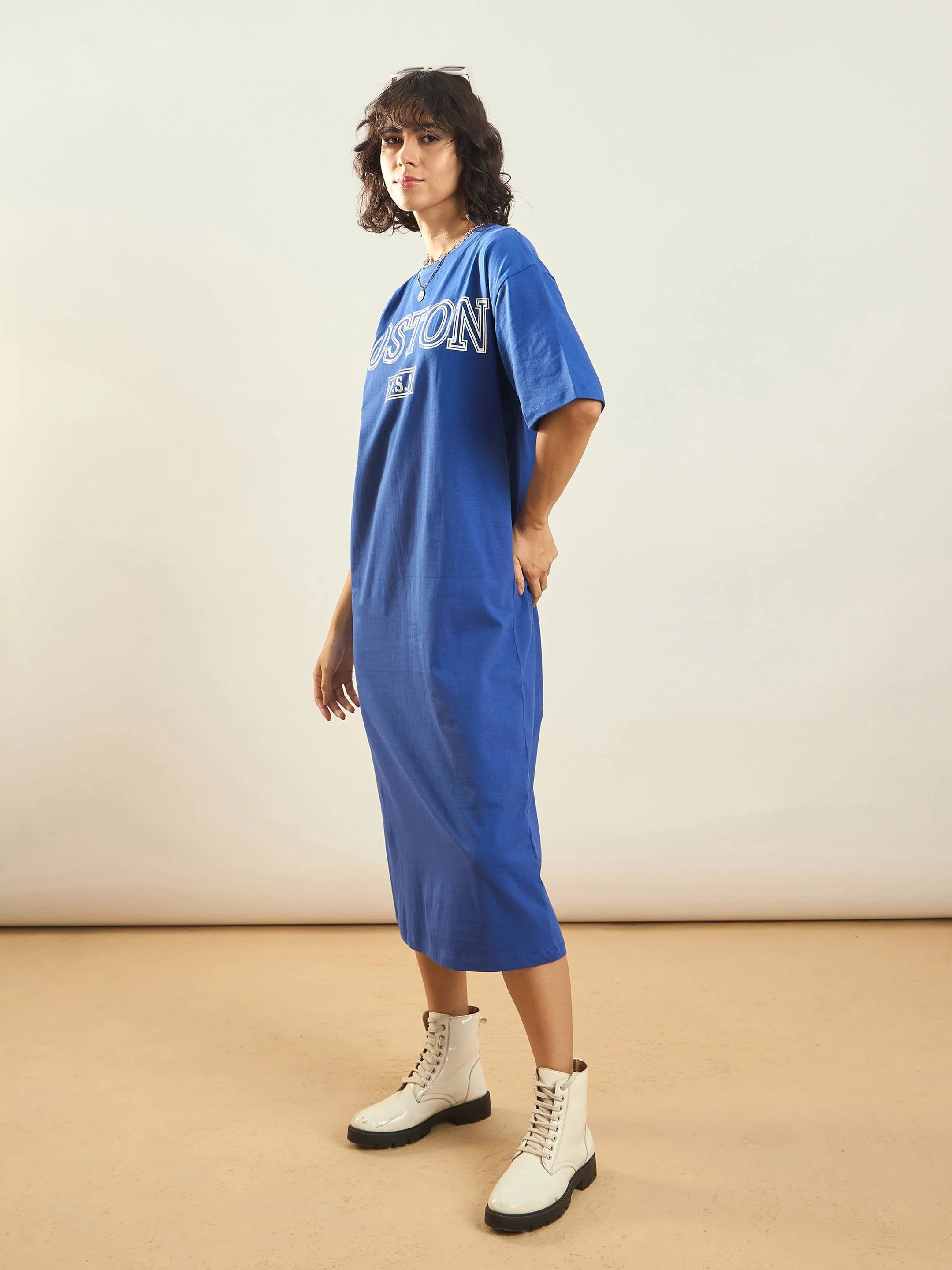 Women Royal Blue BOSTON Printed T-Shirt Dress - Image 5
