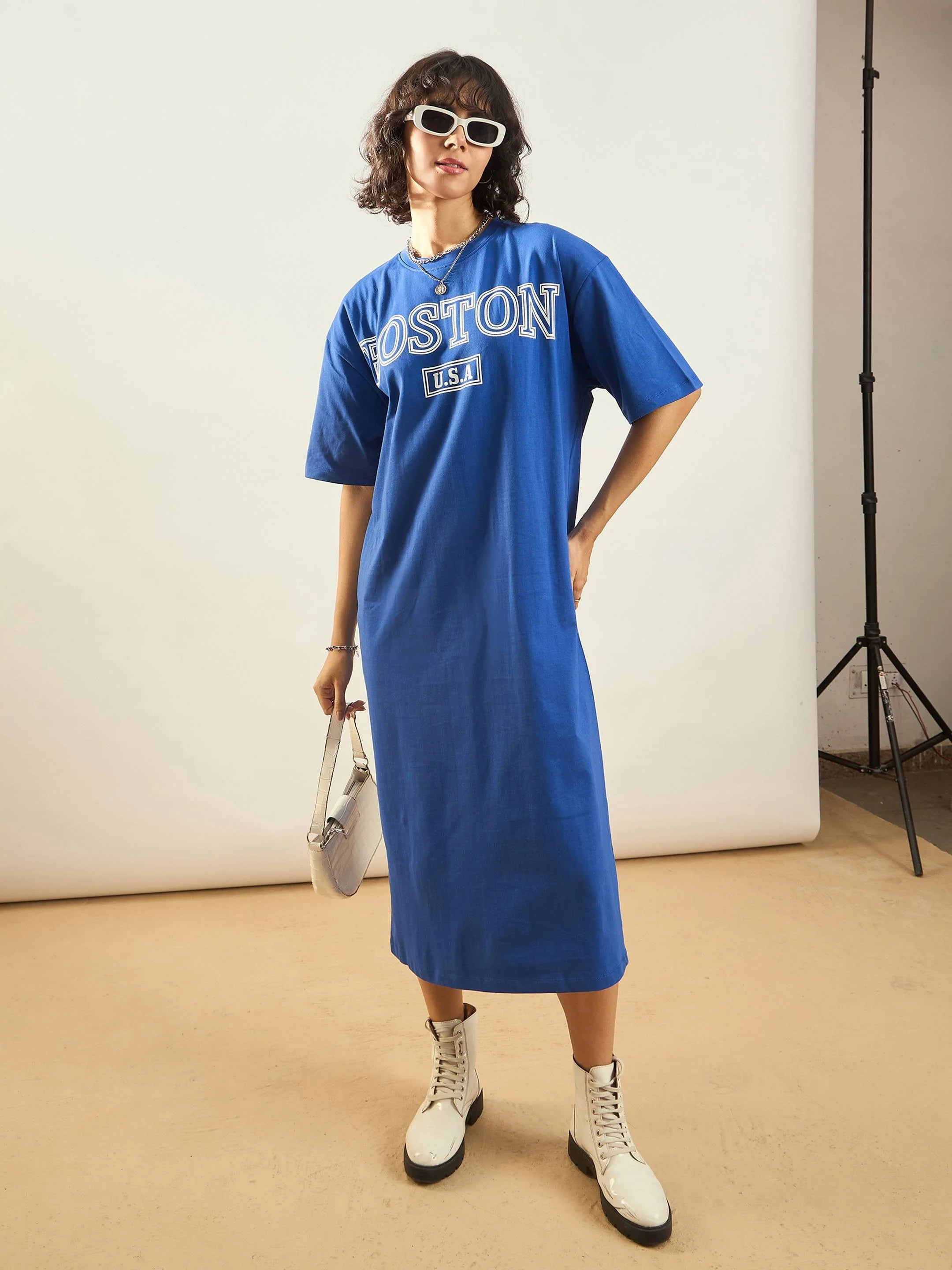 Women Royal Blue BOSTON Printed T-Shirt Dress - Image 6