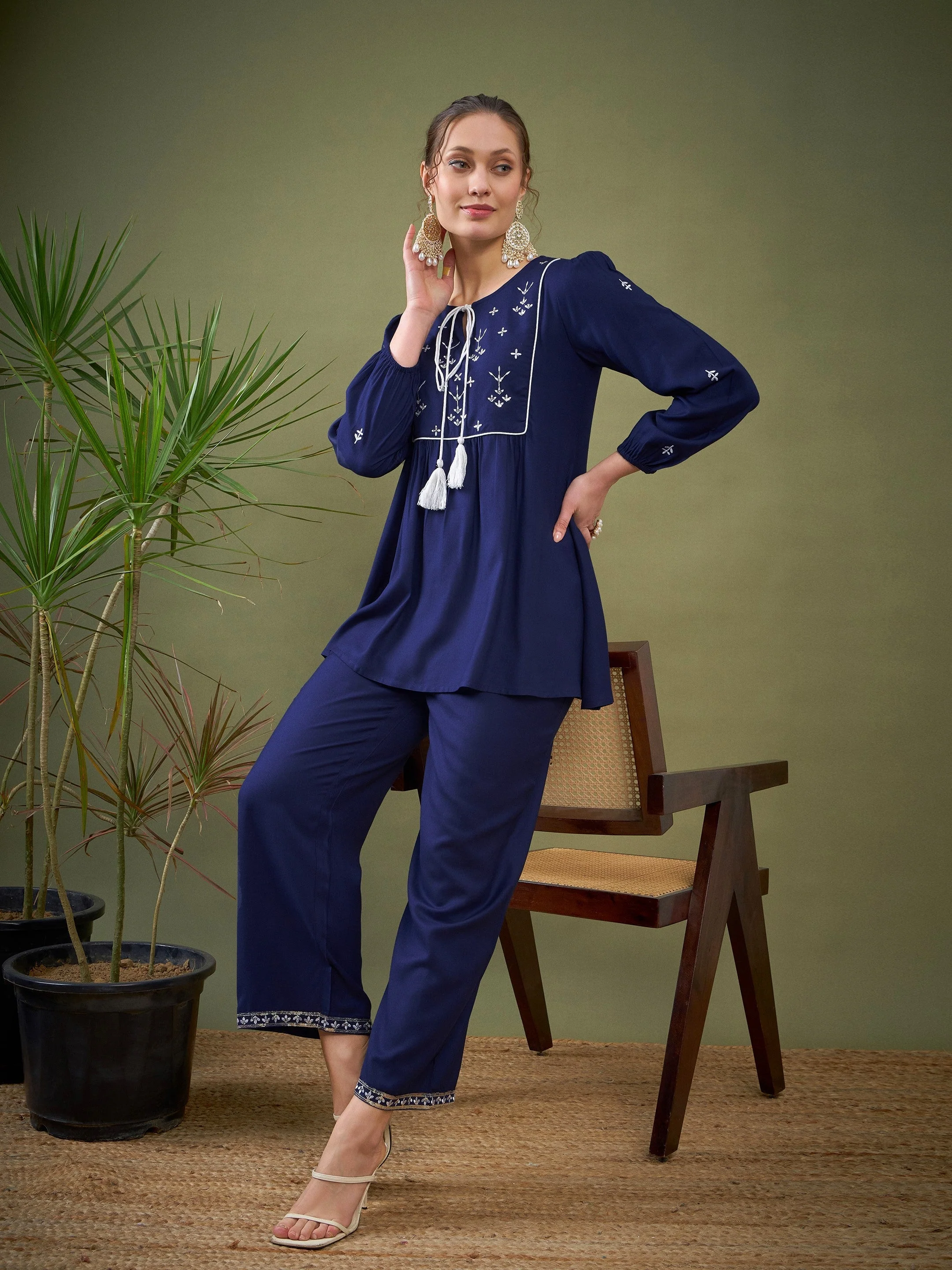 Women Royal Blue Embroidered Peplum Top With Palazzos - Image 2