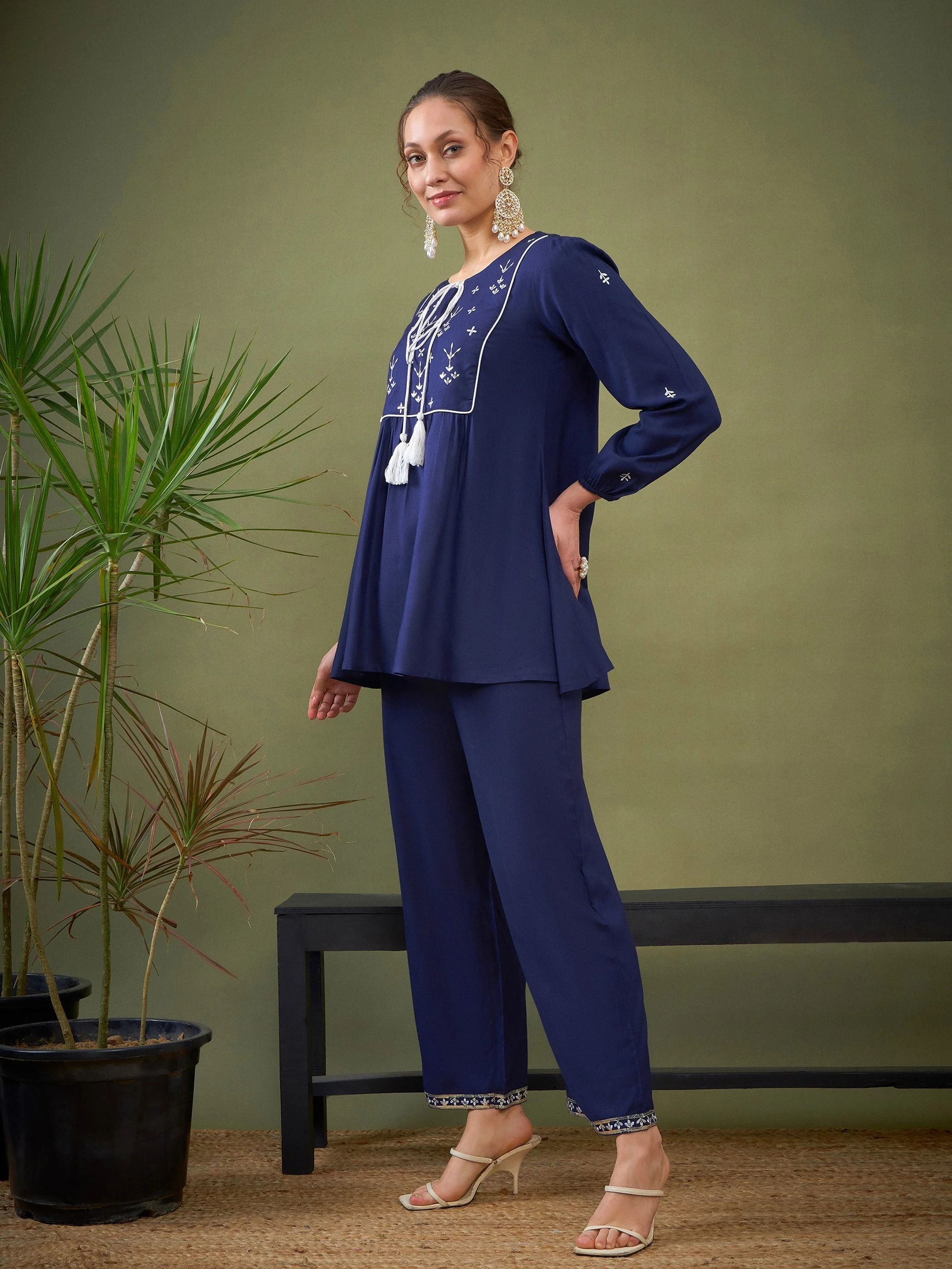 Women Royal Blue Embroidered Peplum Top With Palazzos - Image 3