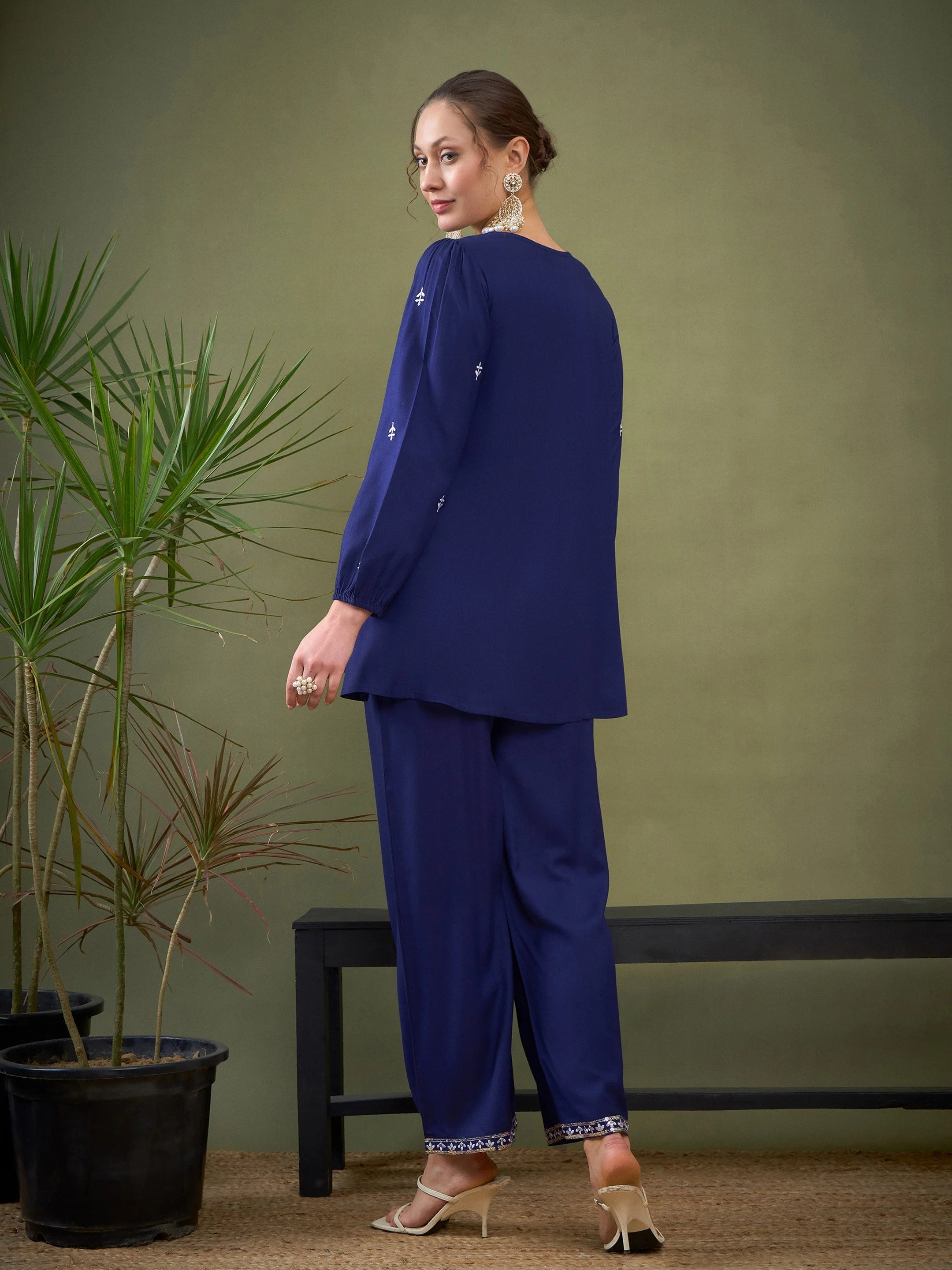 Women Royal Blue Embroidered Peplum Top With Palazzos - Image 6