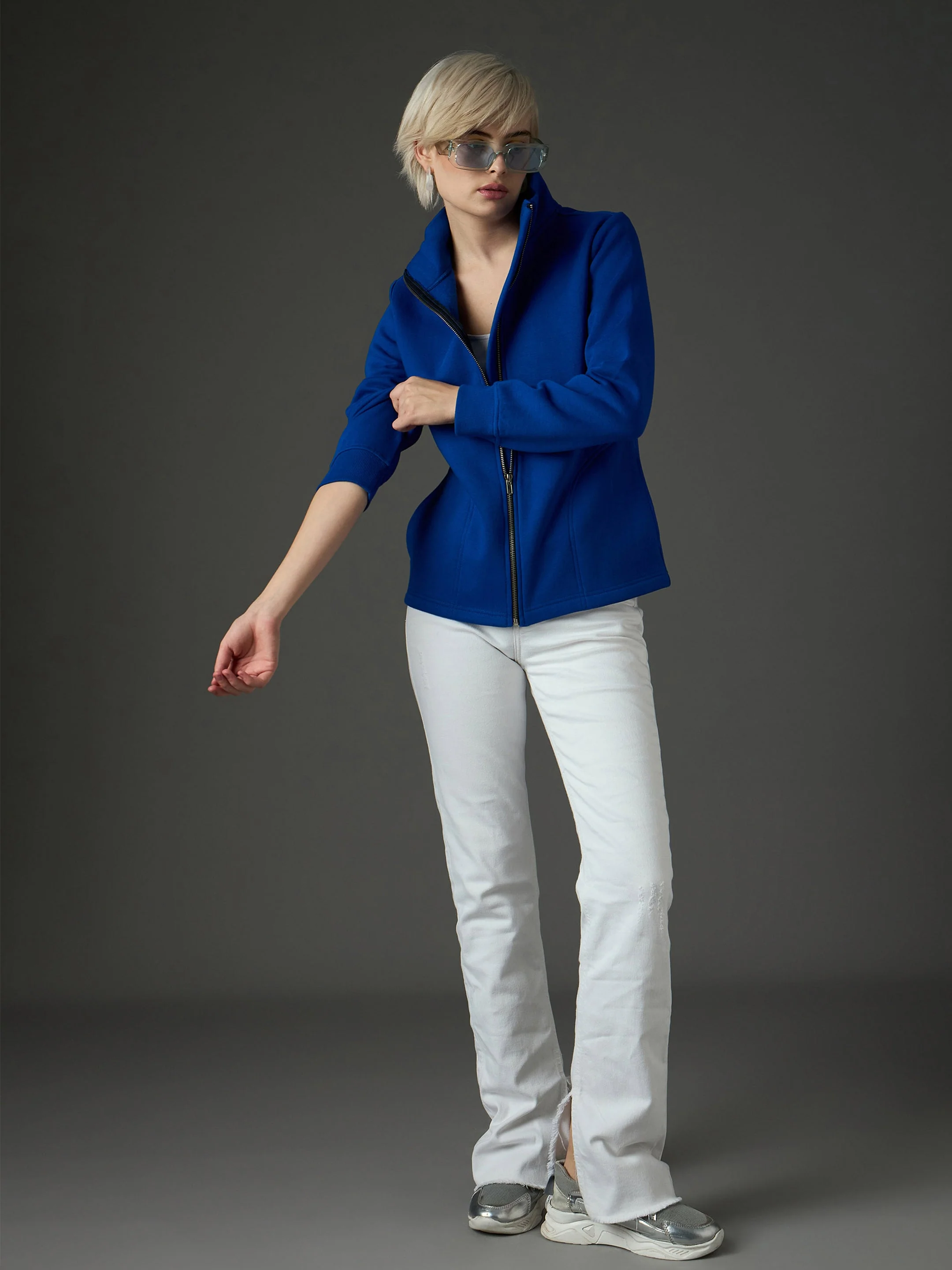 Women Royal Blue Fleece Front Zipper Jacket - Image 2
