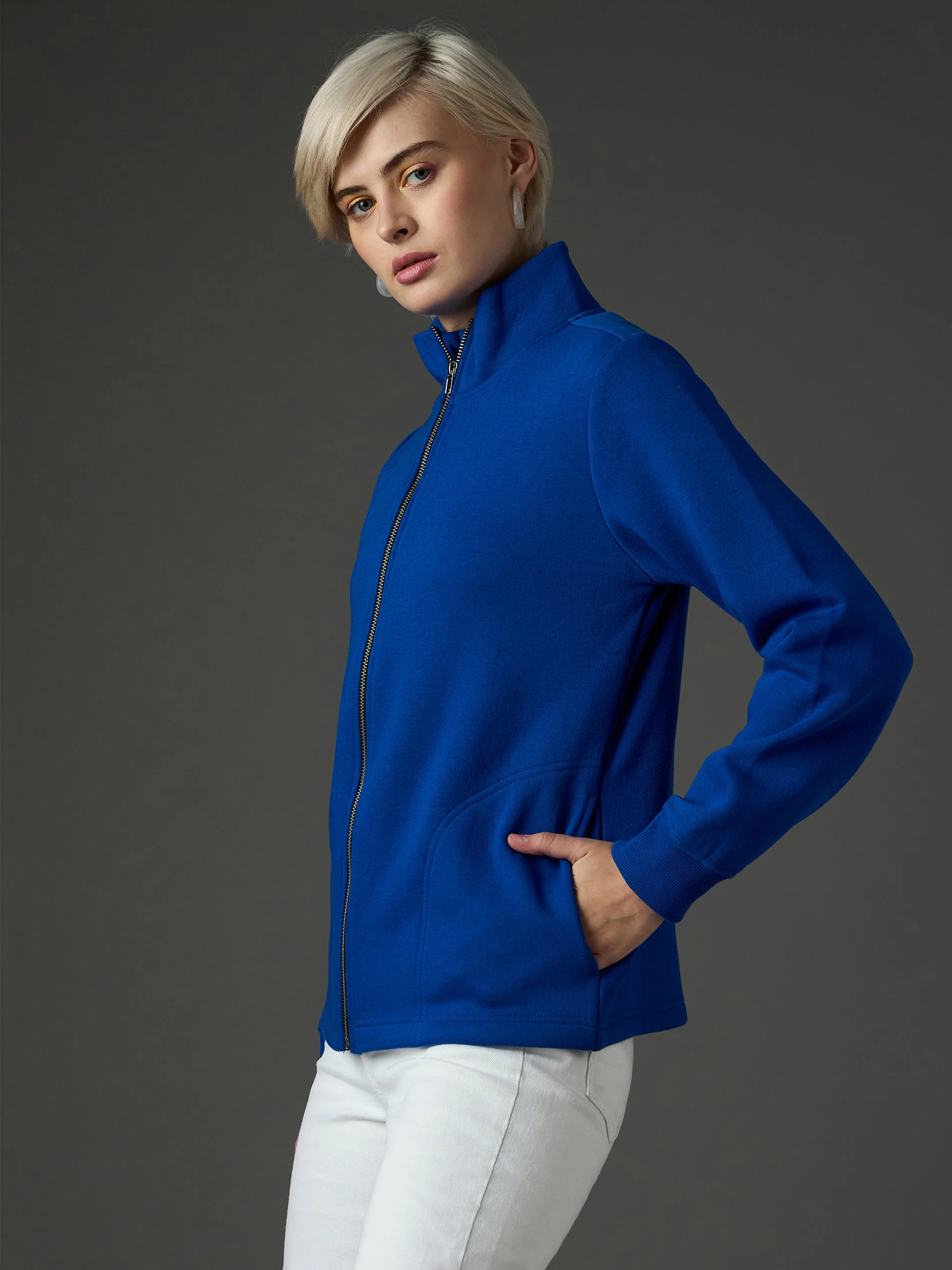 Women Royal Blue Fleece Front Zipper Jacket - Image 3