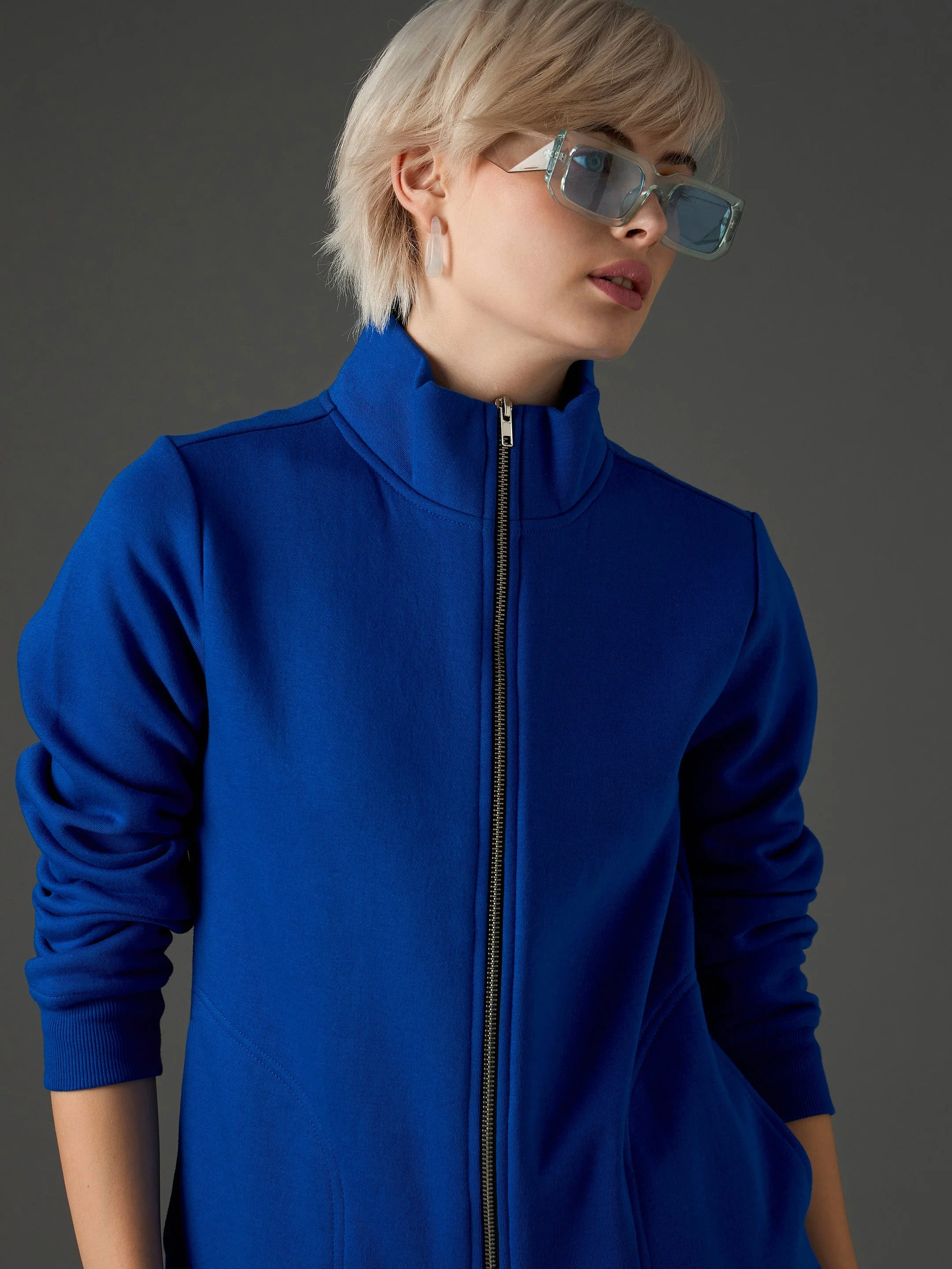Women Royal Blue Fleece Front Zipper Jacket - Image 4
