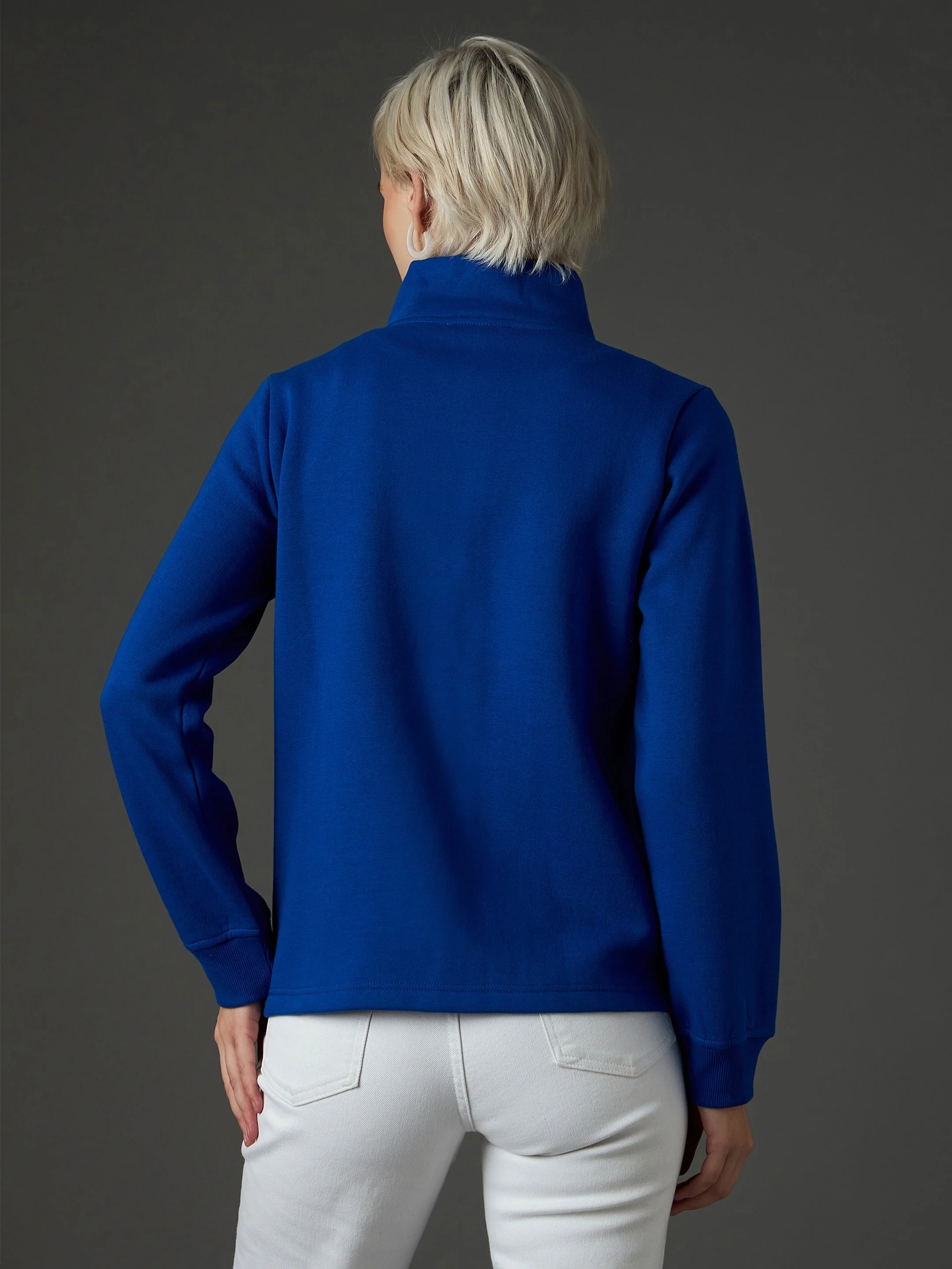 Women Royal Blue Fleece Front Zipper Jacket - Image 5