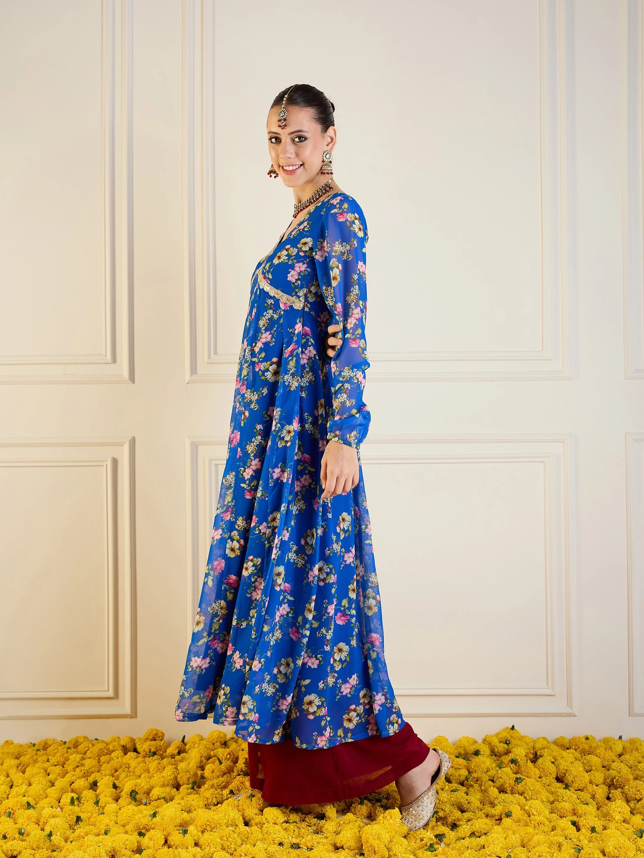 Women Royal Blue Floral Long Anarkali Kurta - Image 3