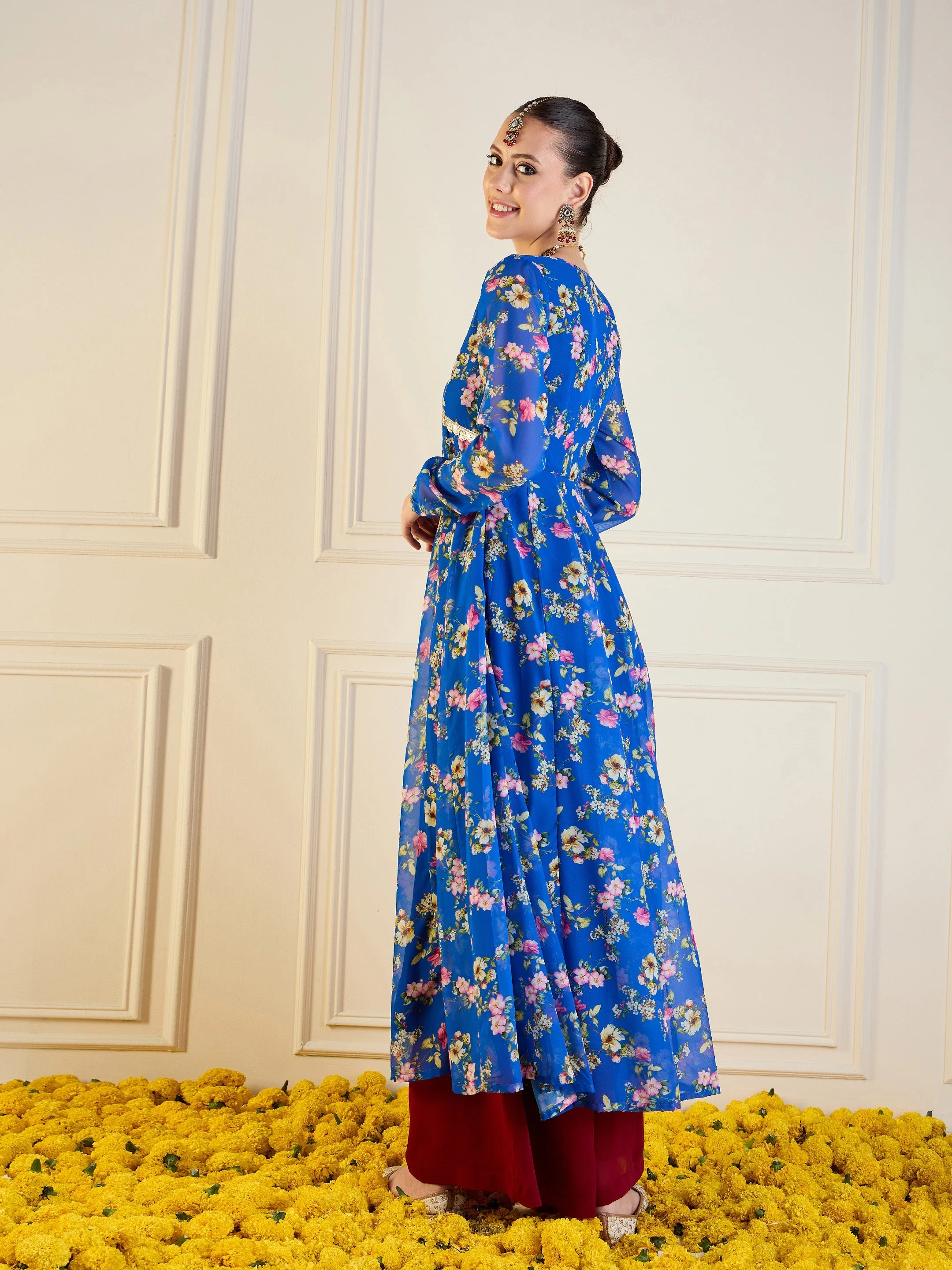 Women Royal Blue Floral Long Anarkali Kurta - Image 5
