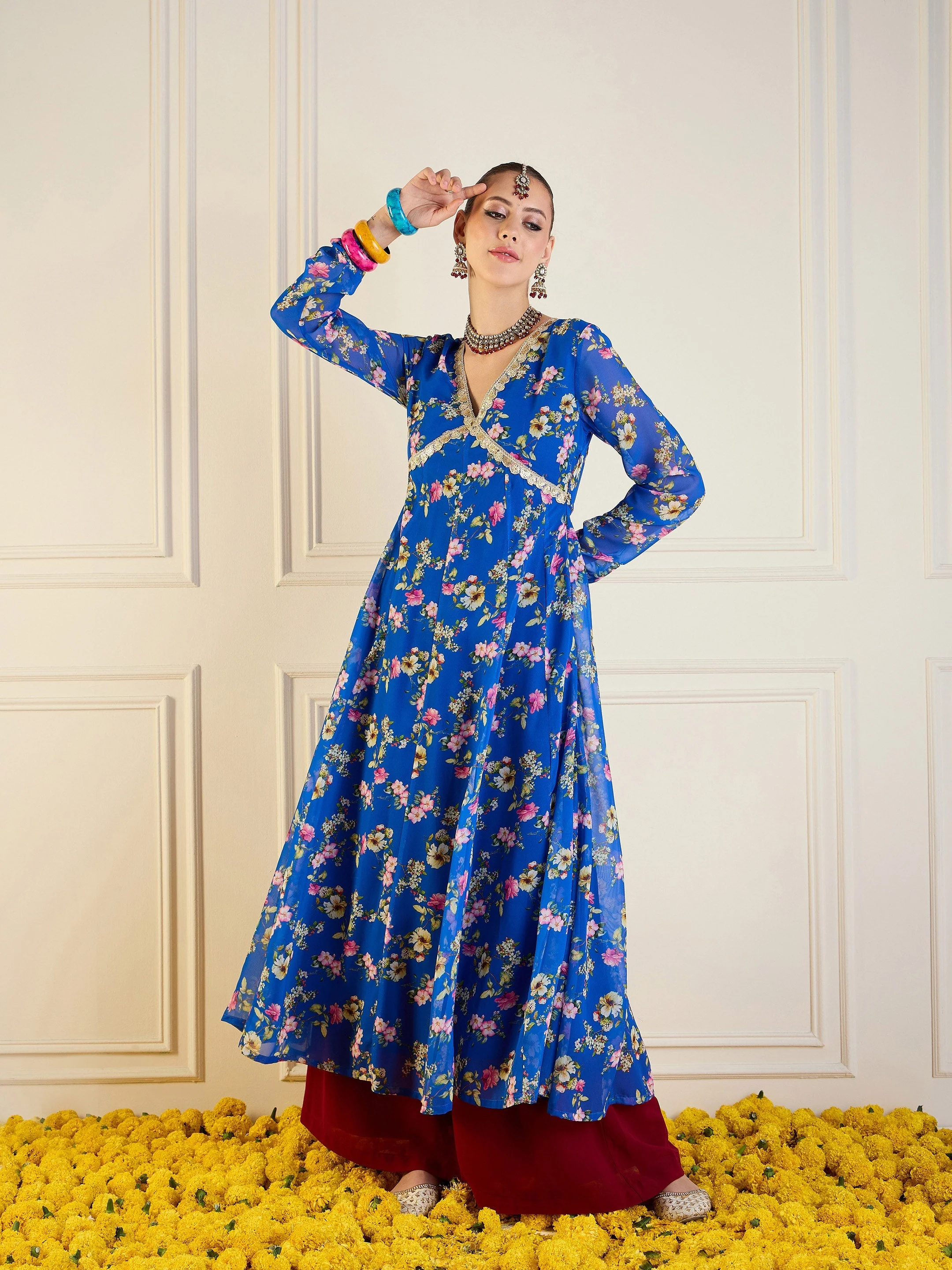 Women Royal Blue Floral Long Anarkali Kurta - Image 6
