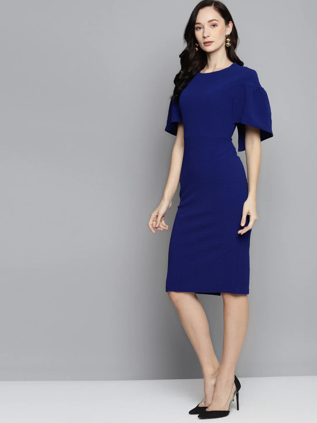 Women Royal Blue Frill Cape Bodycon Dress - Image 2