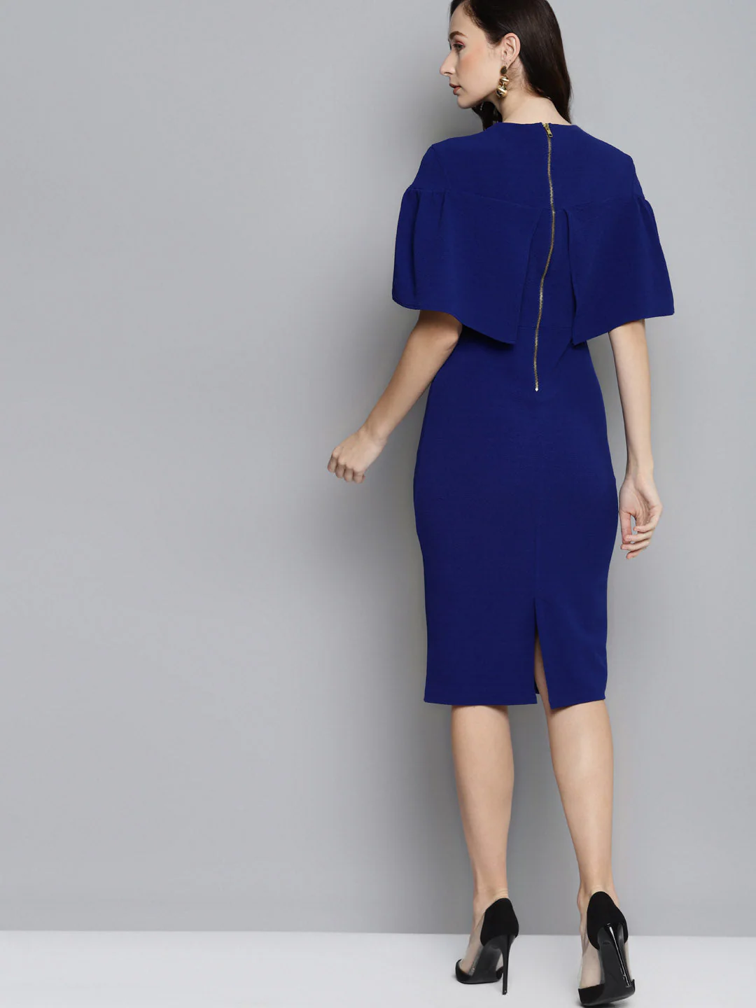 Women Royal Blue Frill Cape Bodycon Dress - Image 3