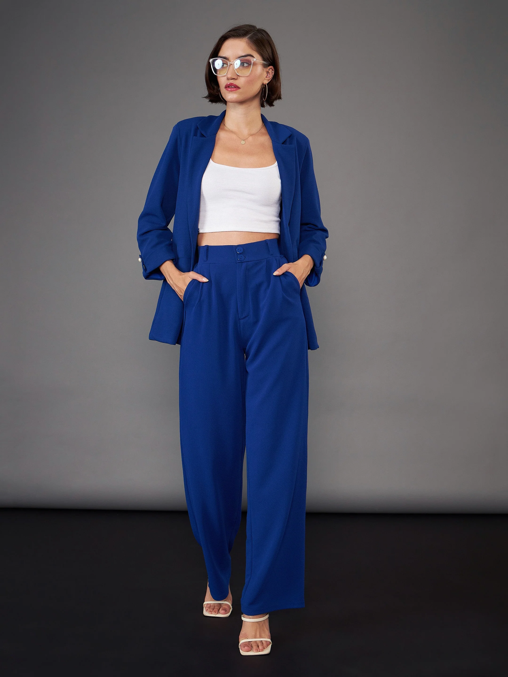 Women Royal Blue Front Button Blazer - Image 2