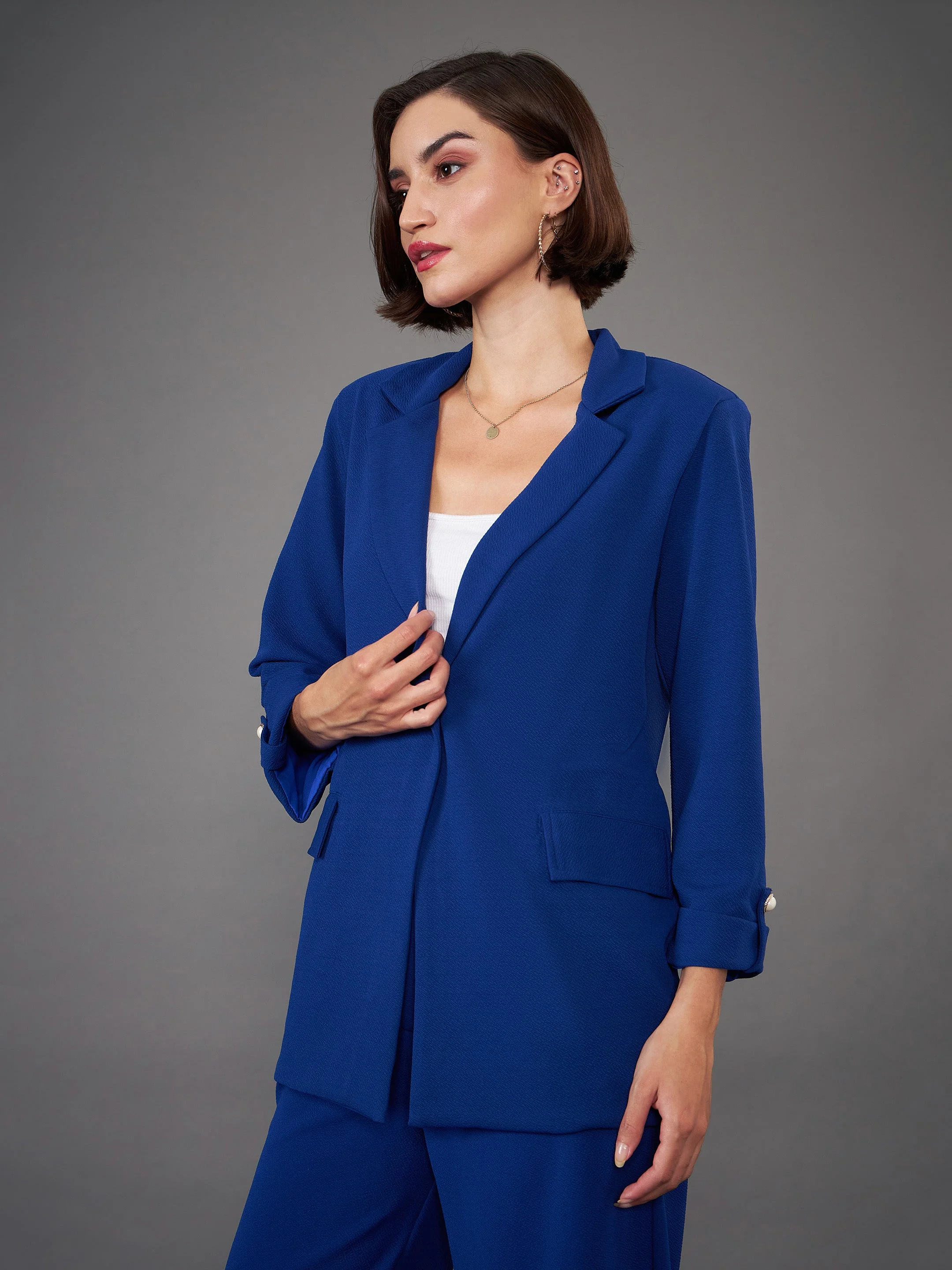 Women Royal Blue Front Button Blazer - Image 3