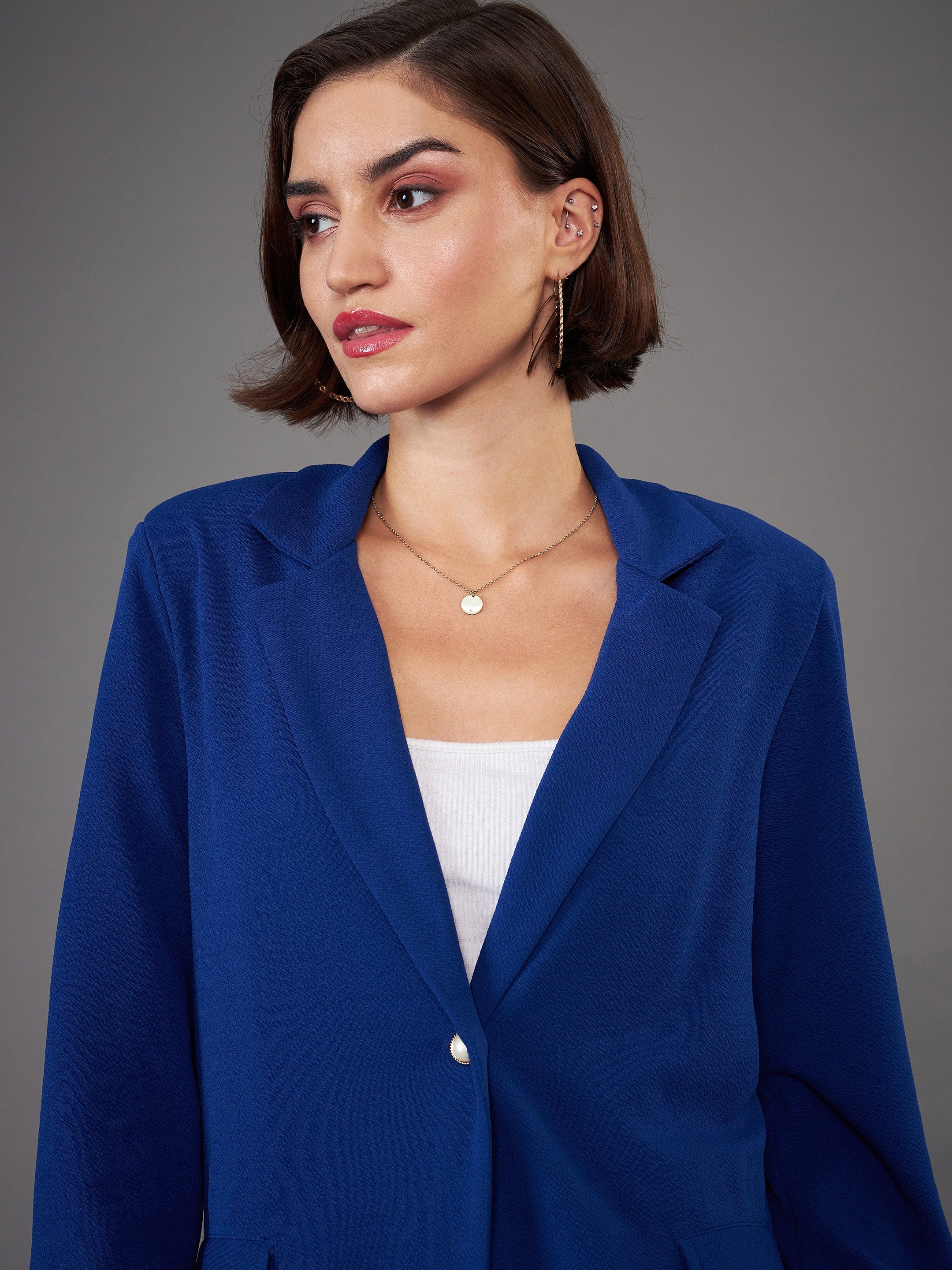 Women Royal Blue Front Button Blazer - Image 4