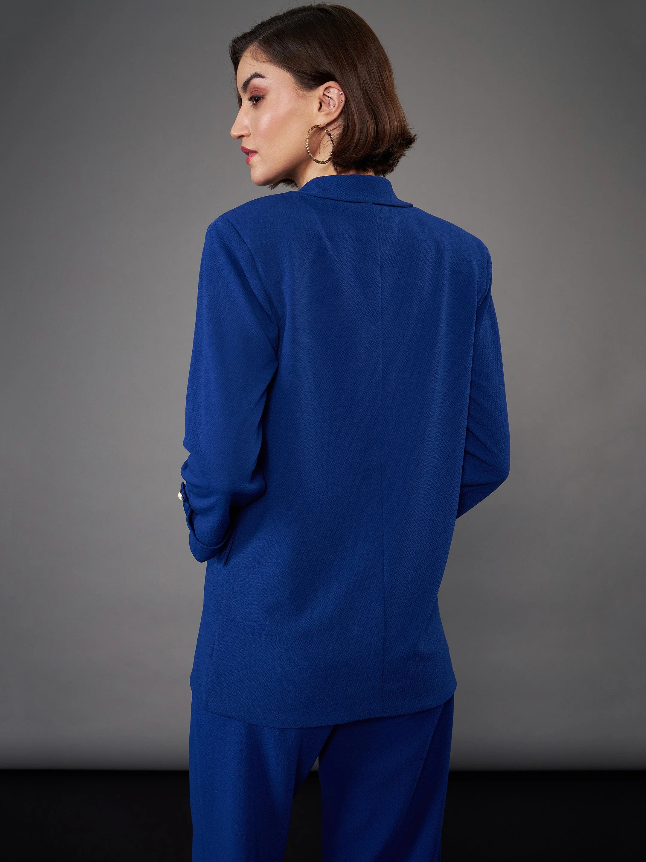Women Royal Blue Front Button Blazer - Image 5