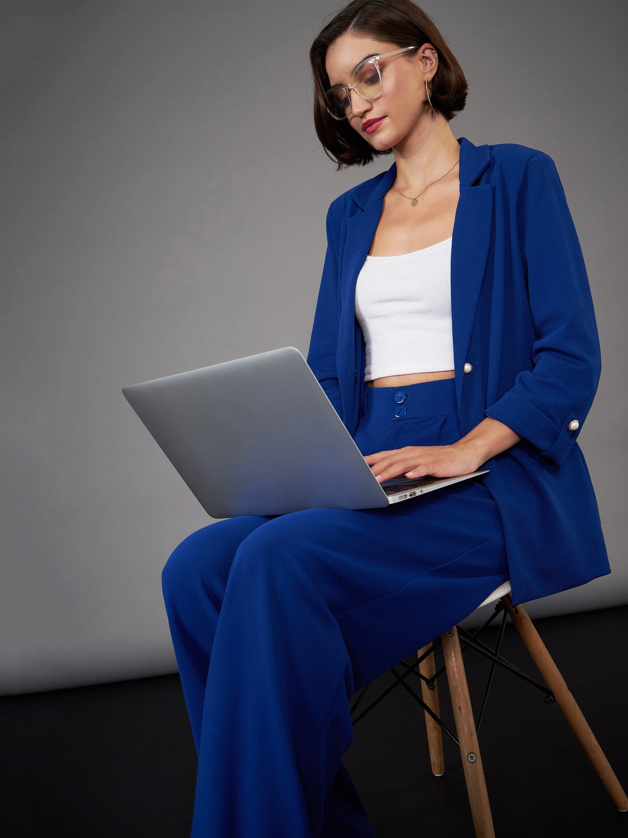 Women Royal Blue Front Button Blazer - Image 6