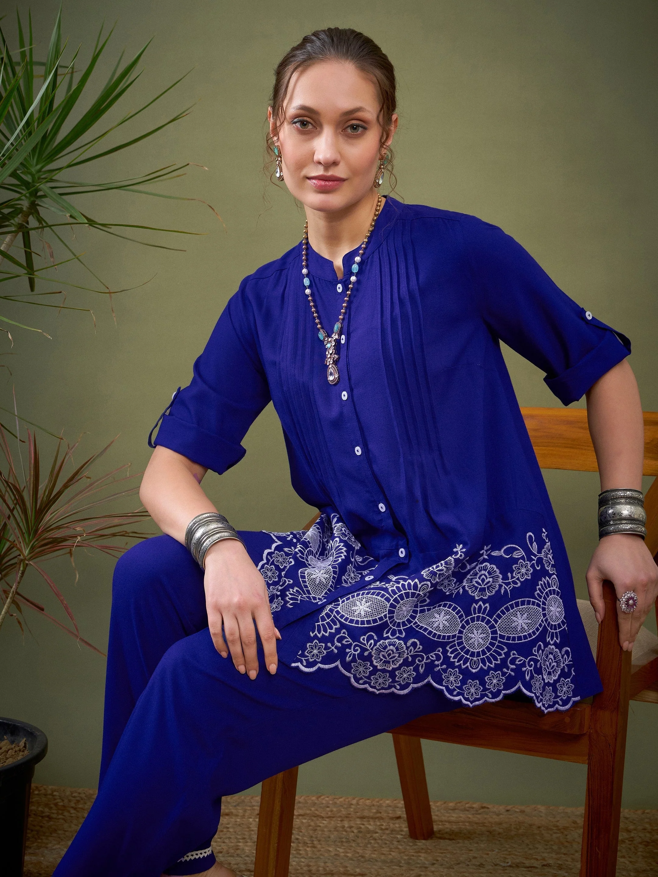 Women Royal Blue Hem Embroidered Shirt With Palazzos - Image 2
