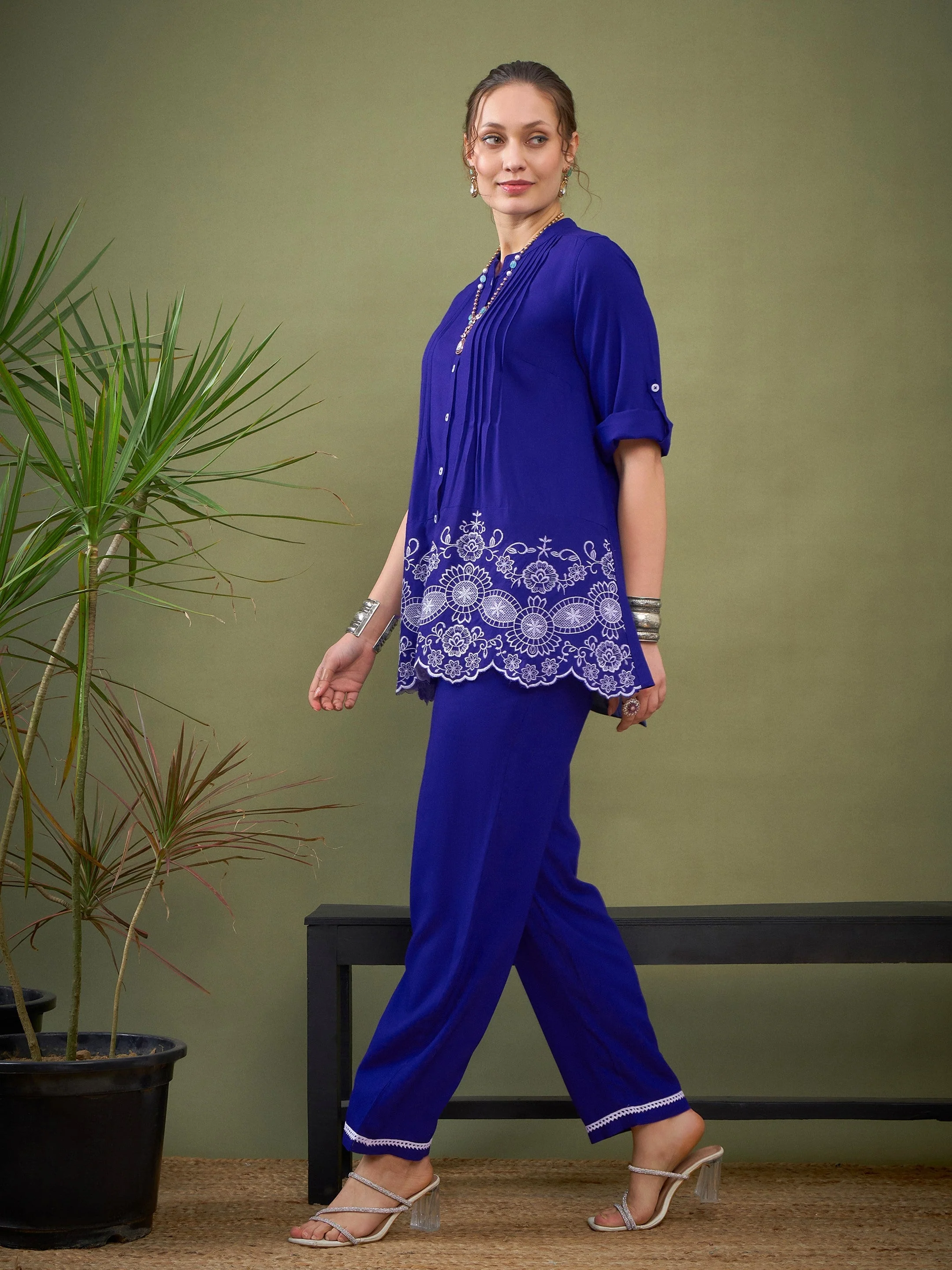 Women Royal Blue Hem Embroidered Shirt With Palazzos - Image 3