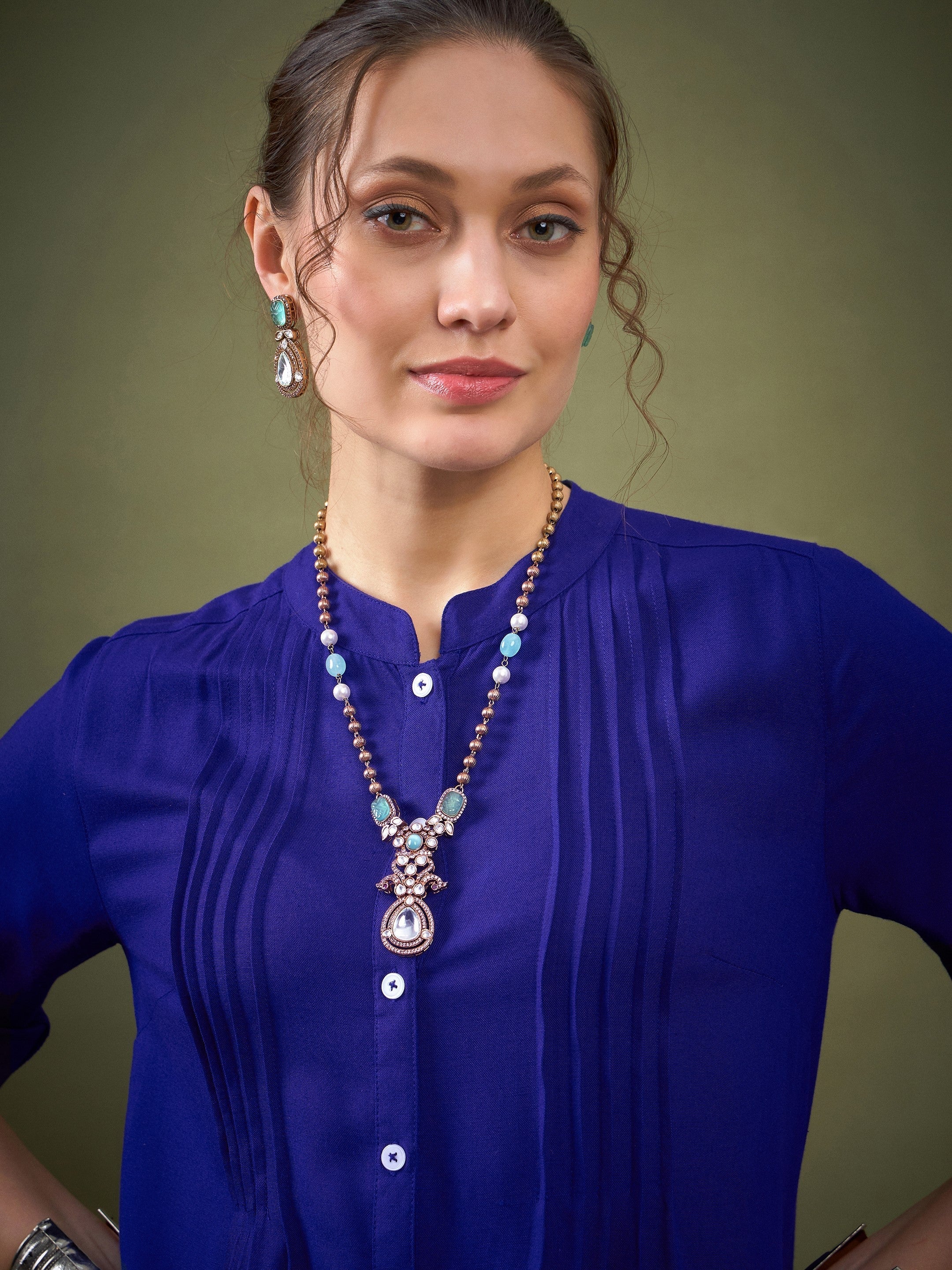 Women Royal Blue Hem Embroidered Shirt With Palazzos - Image 4