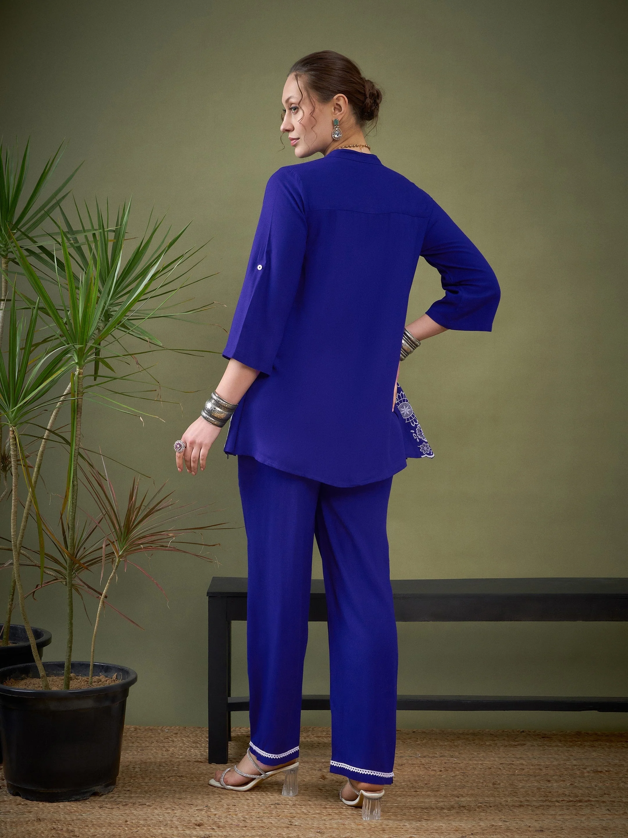 Women Royal Blue Hem Embroidered Shirt With Palazzos - Image 6