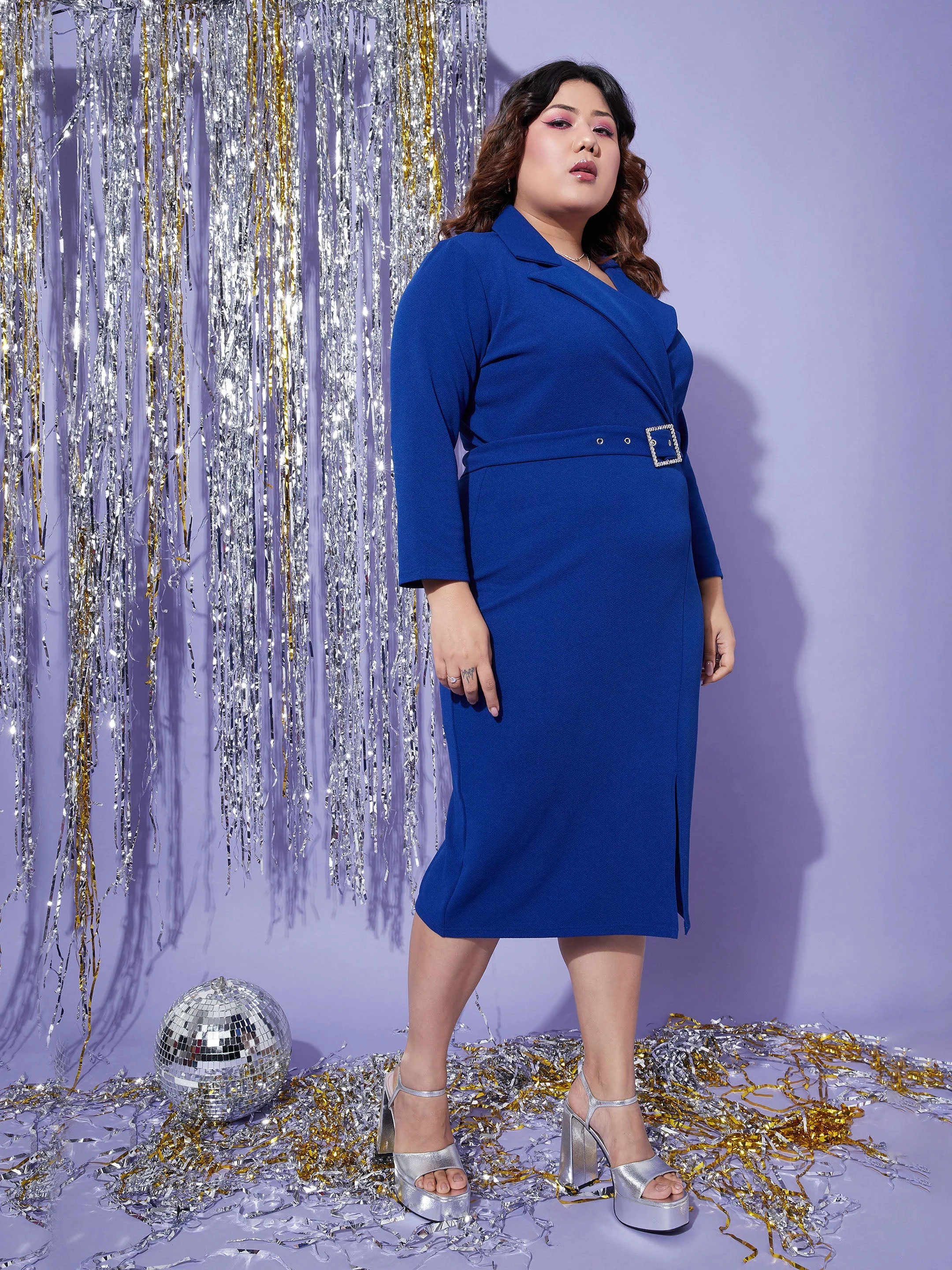 Women Royal Blue Notch Collar Belted Bodycon Dress - Image 5