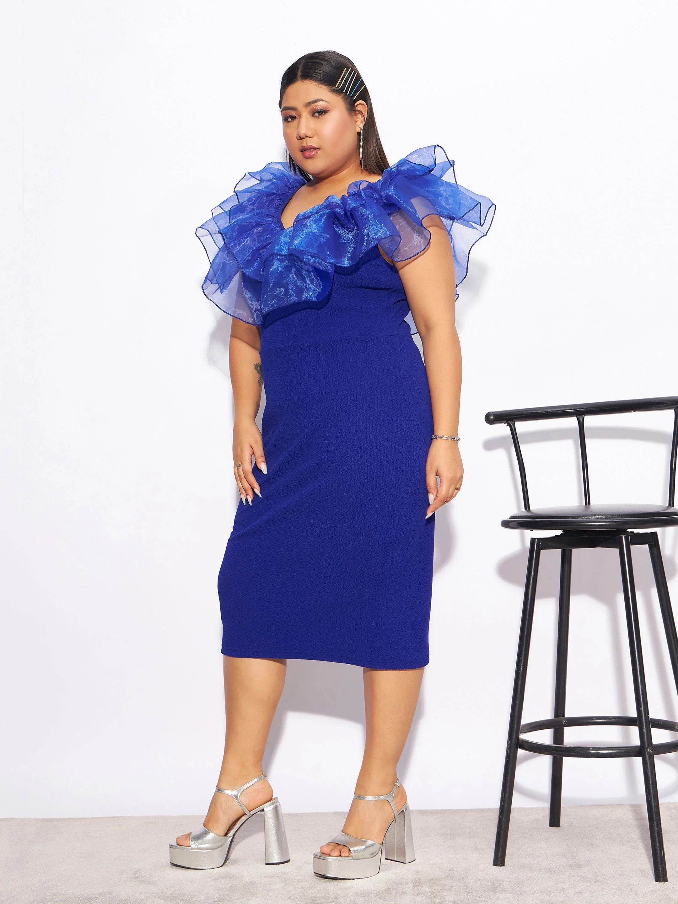 Women Royal Blue Organza Frill Detail Bodycon Dress - Image 3