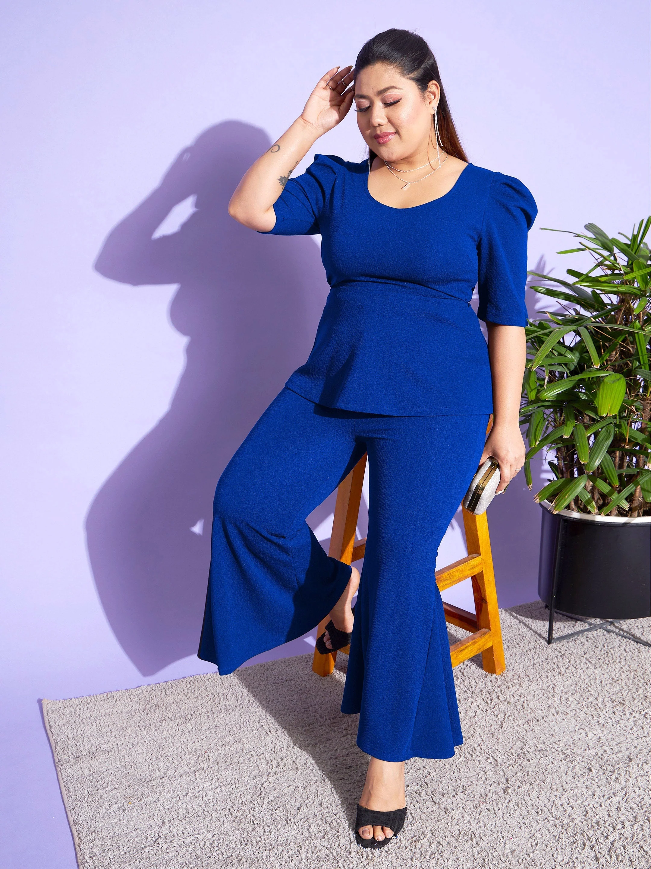 Women Royal Blue Peplum Top With Kick Pleats Pants - Image 2