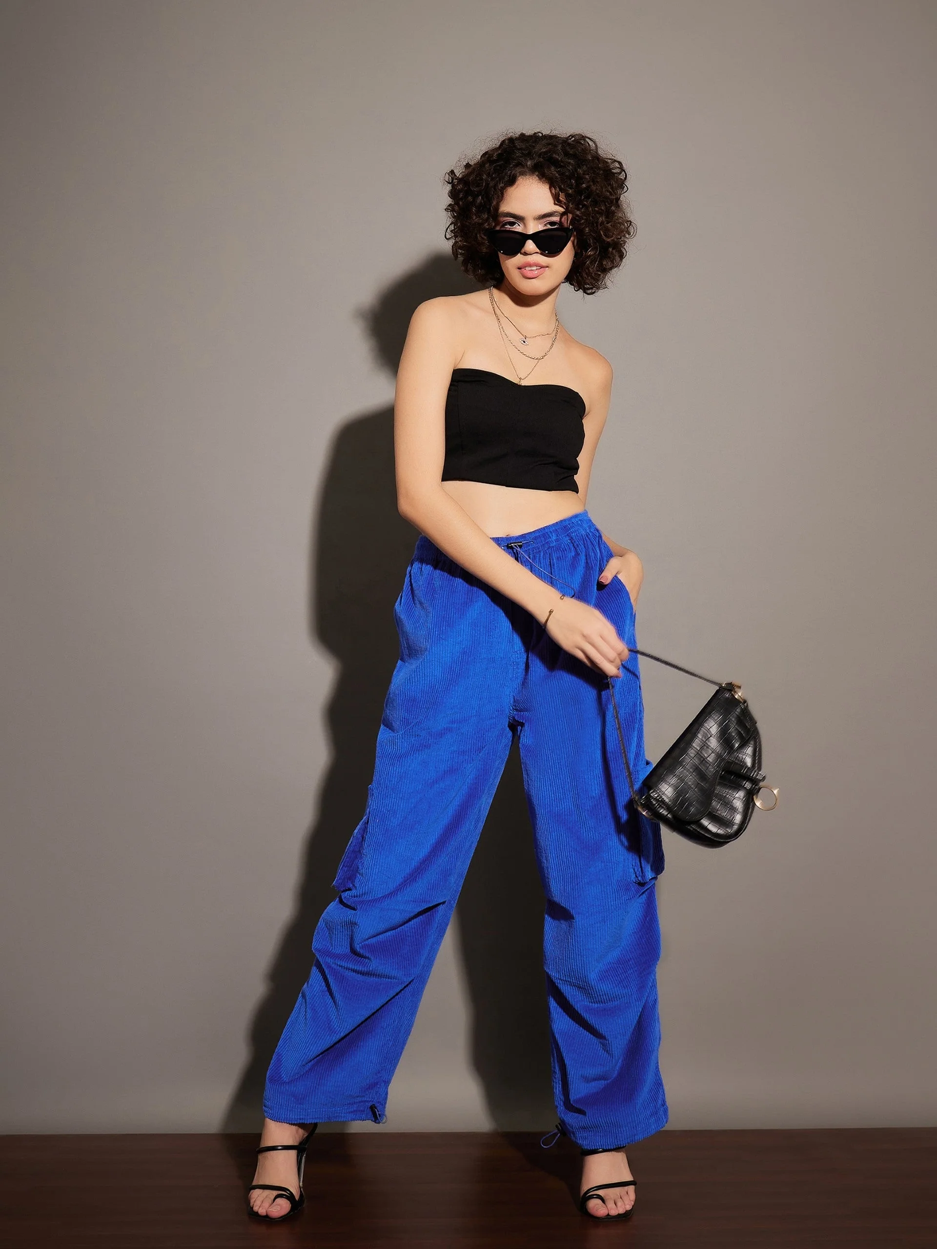 Women Royal Blue Pleated Knee Corduroy Cargo Pants - Image 2