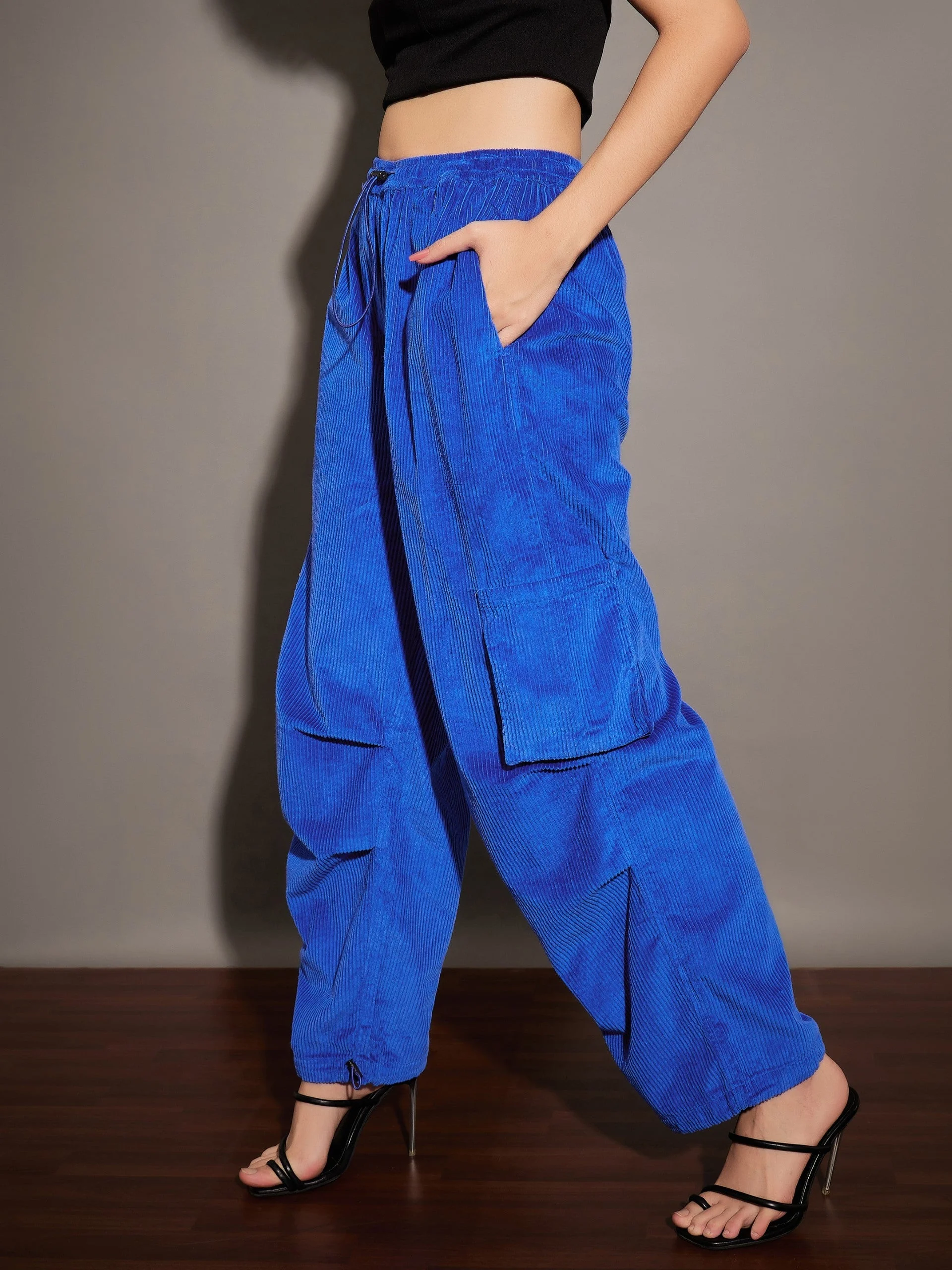 Women Royal Blue Pleated Knee Corduroy Cargo Pants - Image 3