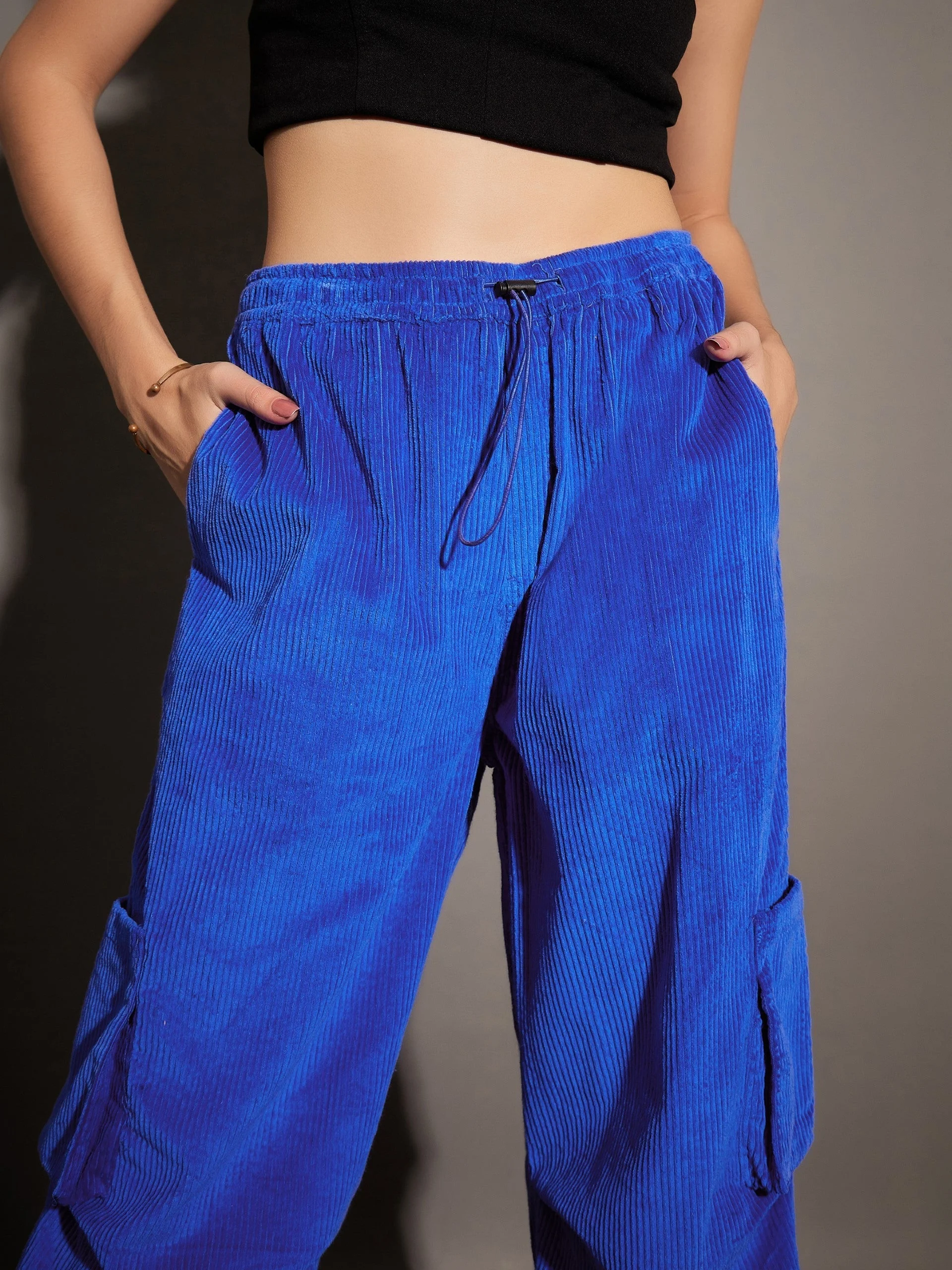 Women Royal Blue Pleated Knee Corduroy Cargo Pants - Image 4