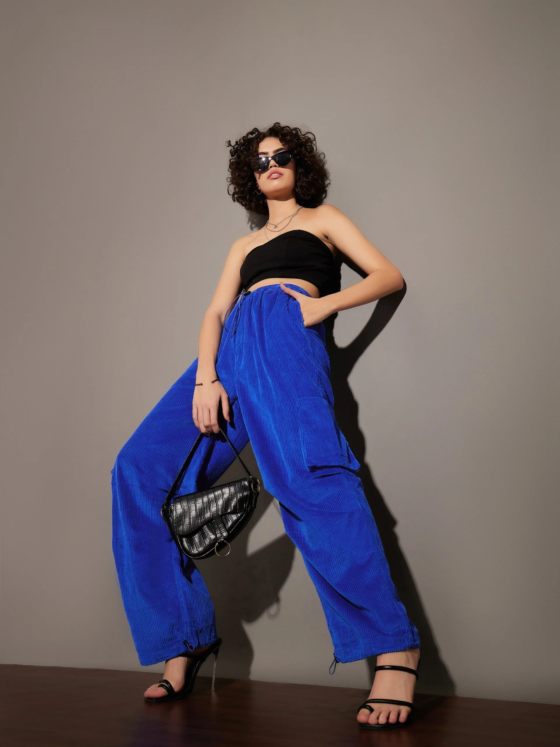 Women Royal Blue Pleated Knee Corduroy Cargo Pants - Image 6