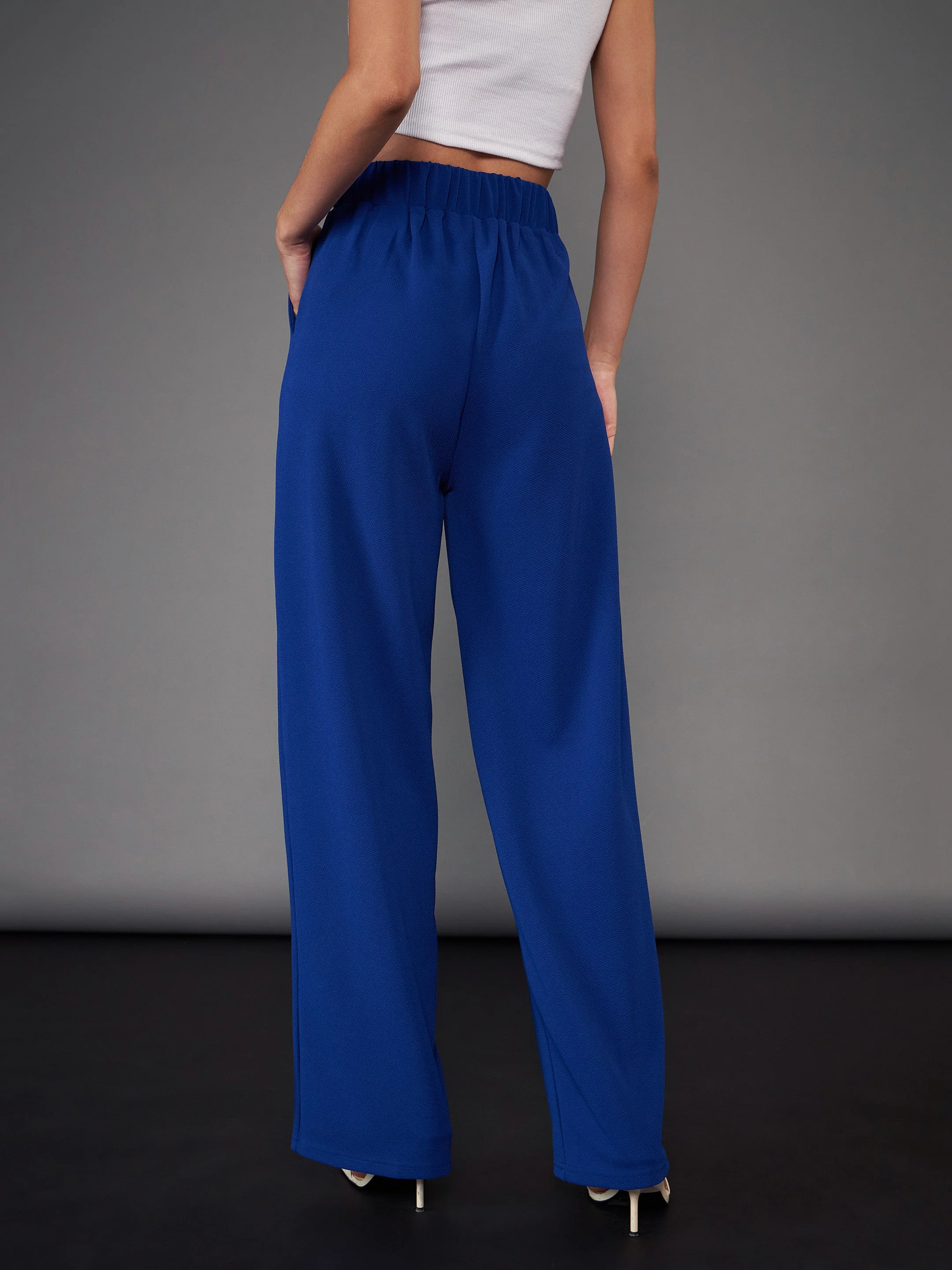 Women Royal Blue Pleated Straight Pants - Image 2