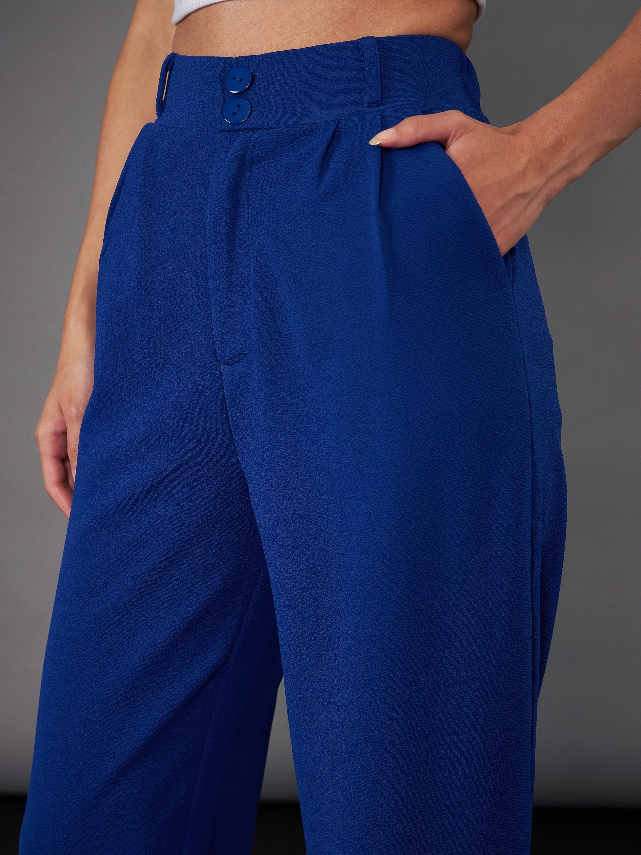 Women Royal Blue Pleated Straight Pants - Image 3