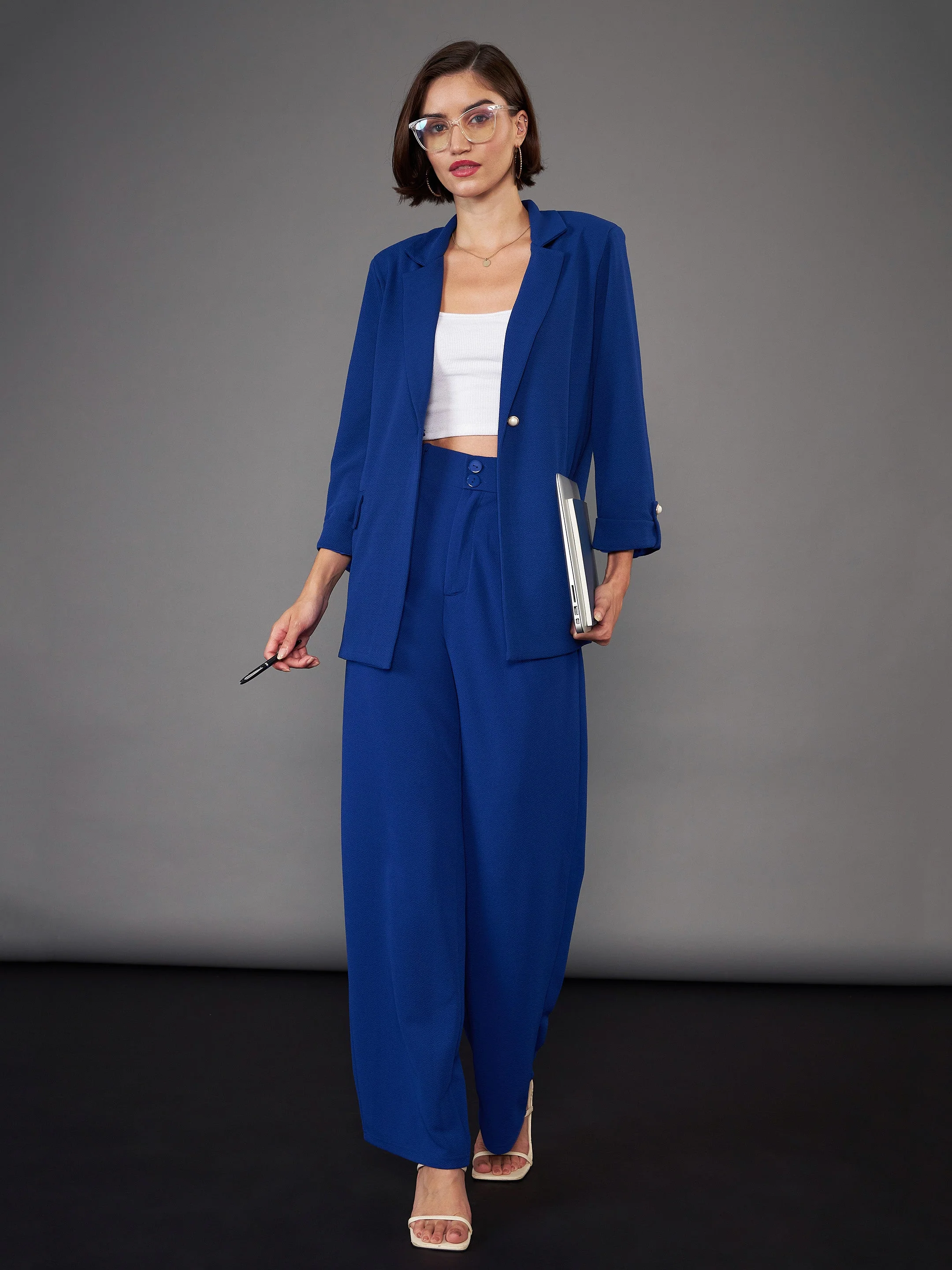 Women Royal Blue Pleated Straight Pants - Image 5