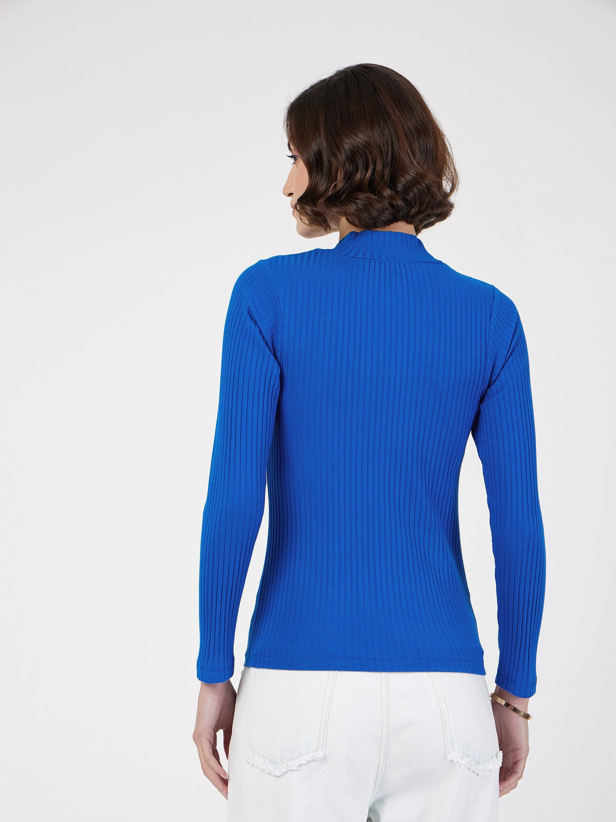 Women Royal Blue Rib Front Zipper Full Sleeves Top - Image 2