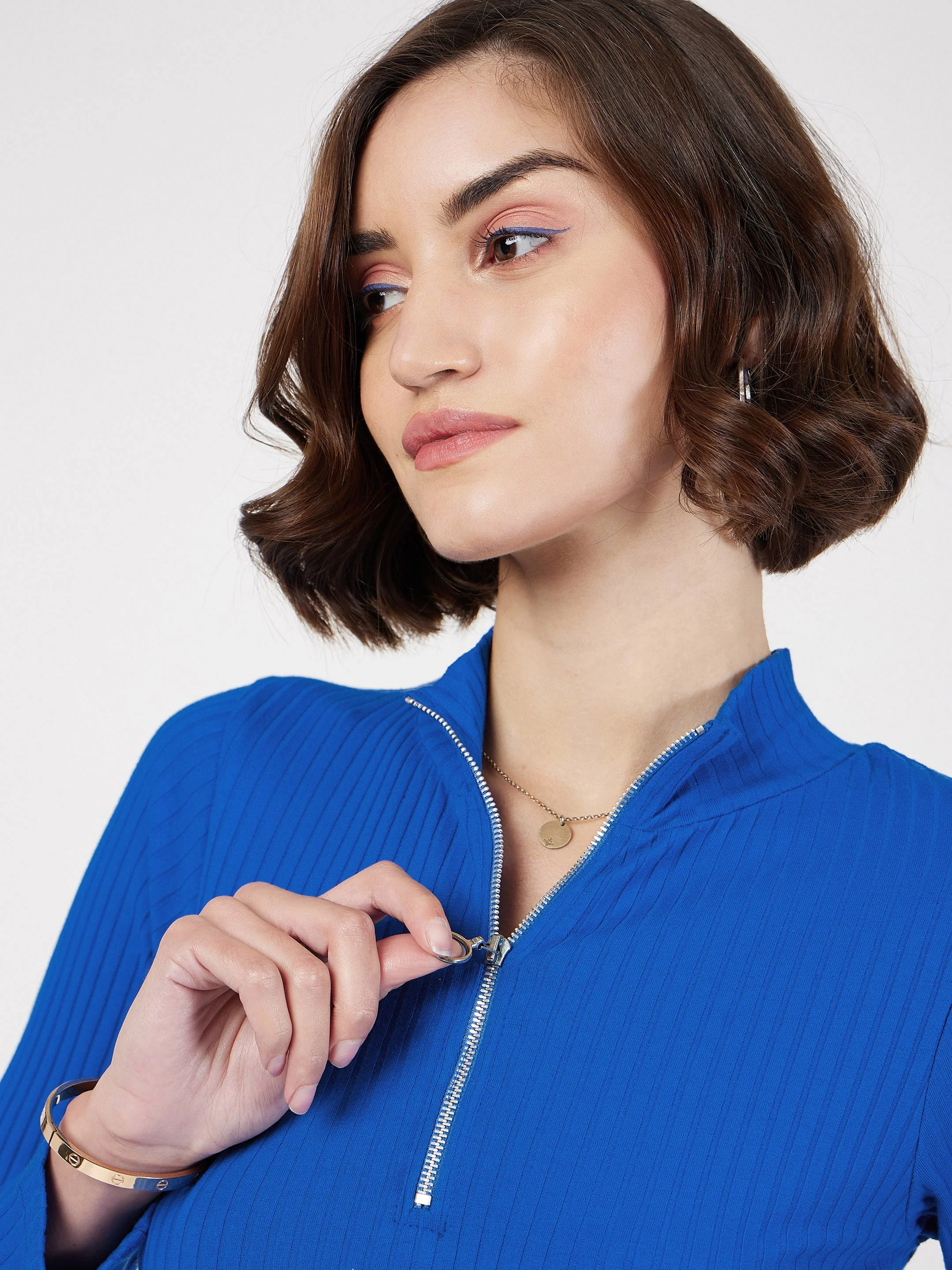 Women Royal Blue Rib Front Zipper Full Sleeves Top - Image 3