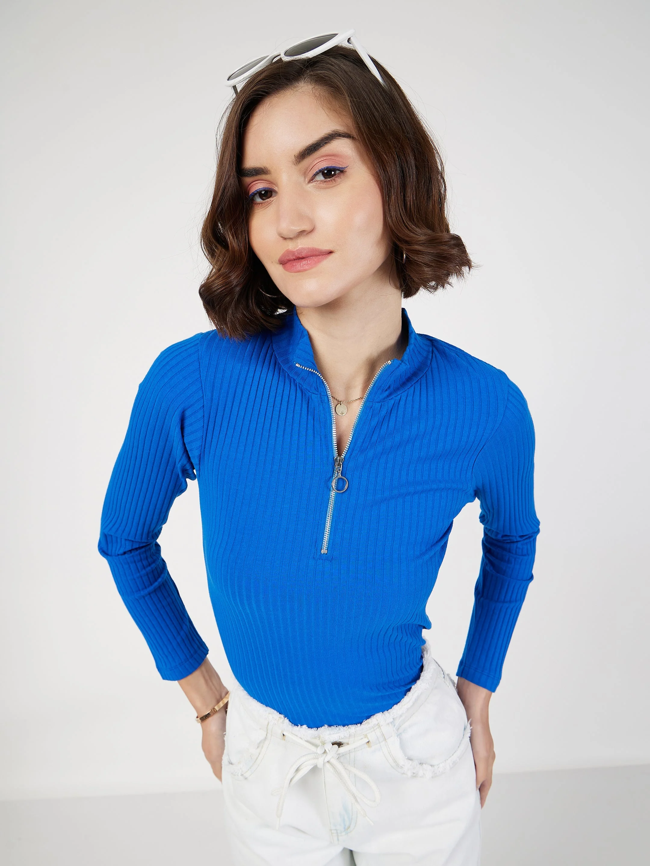 Women Royal Blue Rib Front Zipper Full Sleeves Top - Image 4
