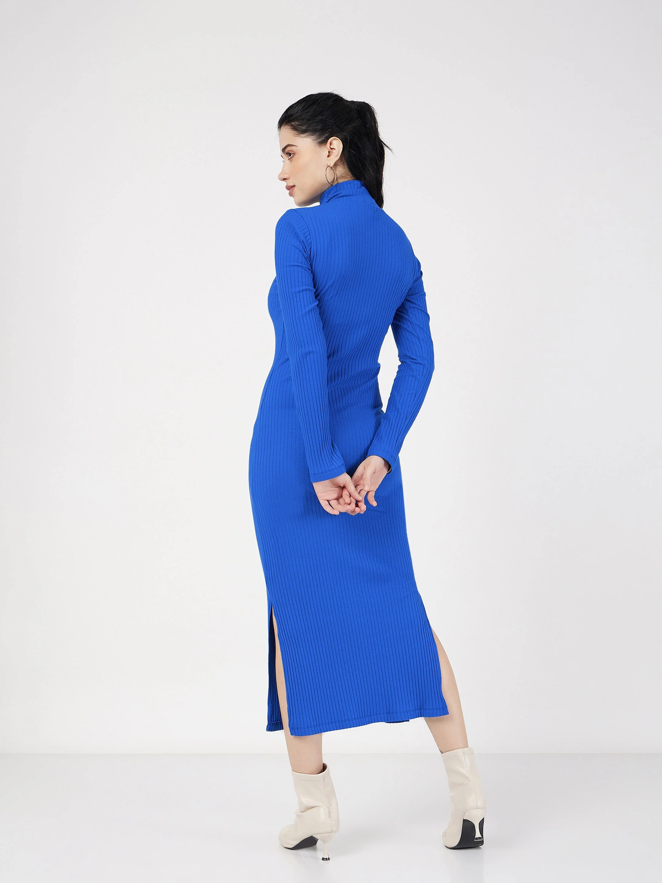 Women Royal Blue Rib High Neck Front Zipper Dress - Image 2