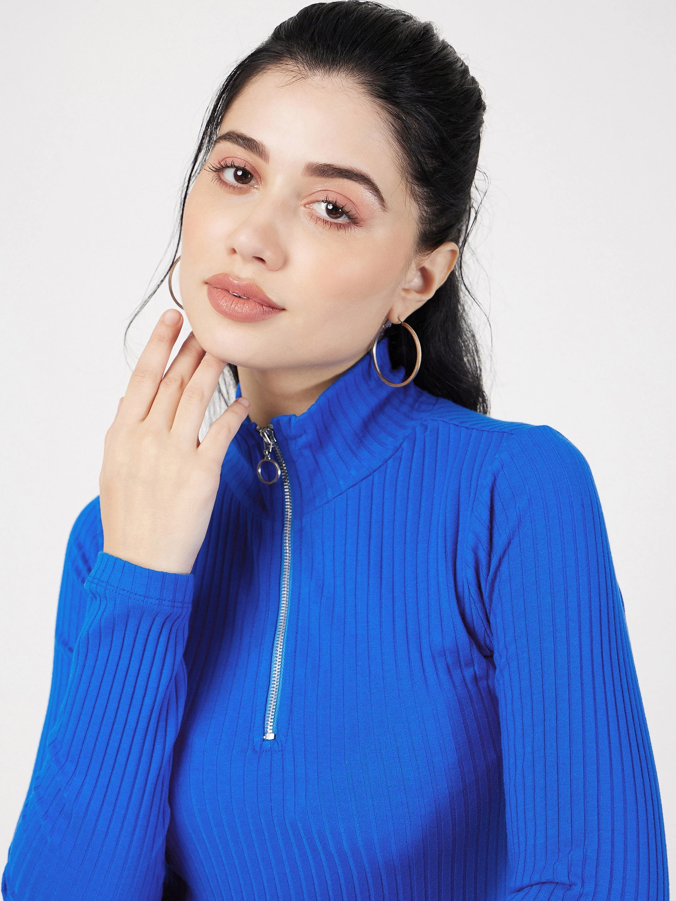 Women Royal Blue Rib High Neck Front Zipper Dress - Image 3