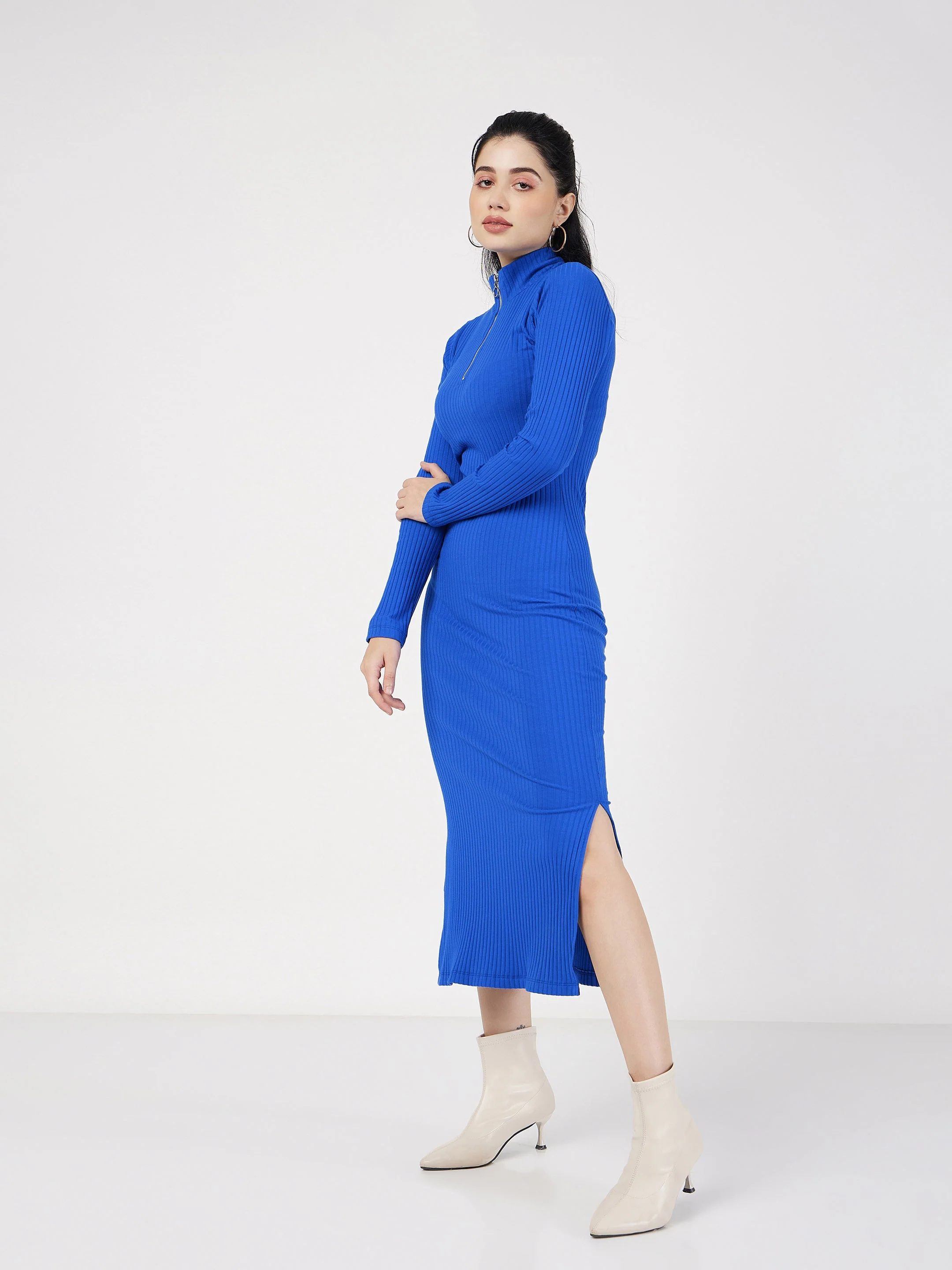 Women Royal Blue Rib High Neck Front Zipper Dress - Image 4
