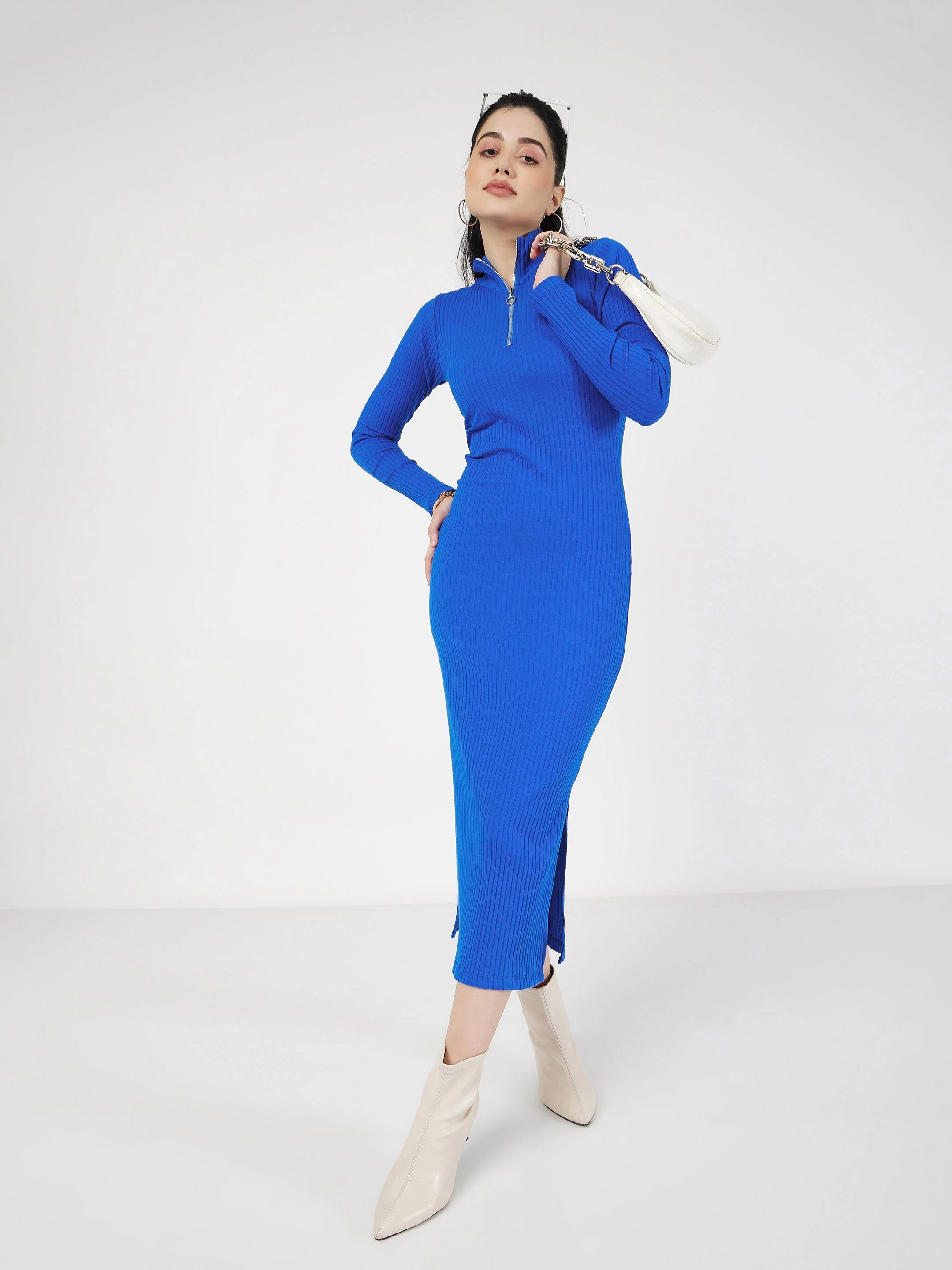 Women Royal Blue Rib High Neck Front Zipper Dress - Image 6